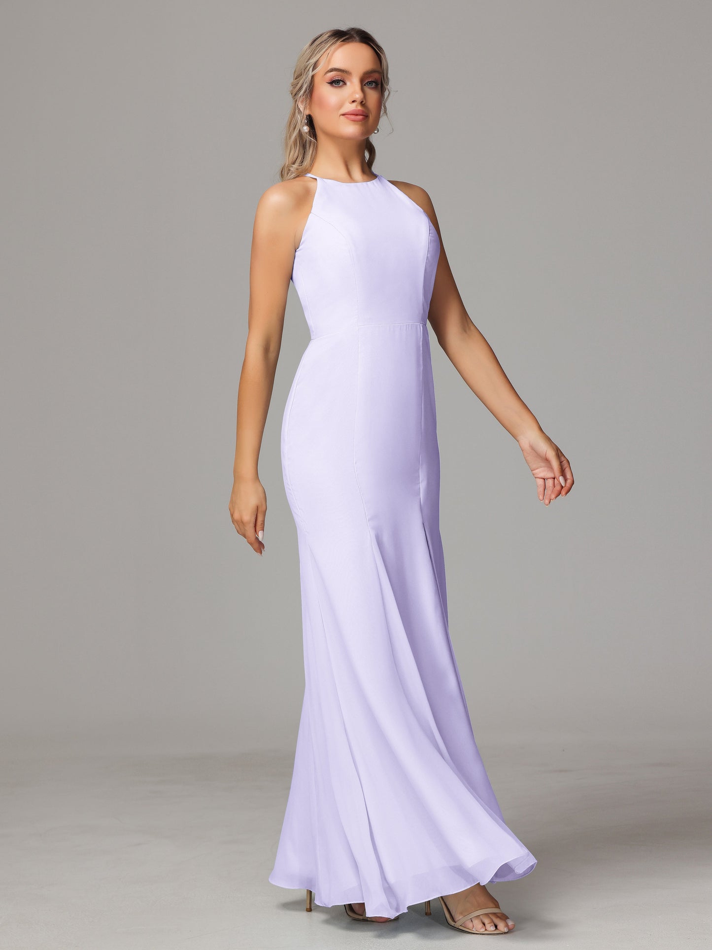 Halter Open Back Chiffon Bridesmaid Dress With Slit