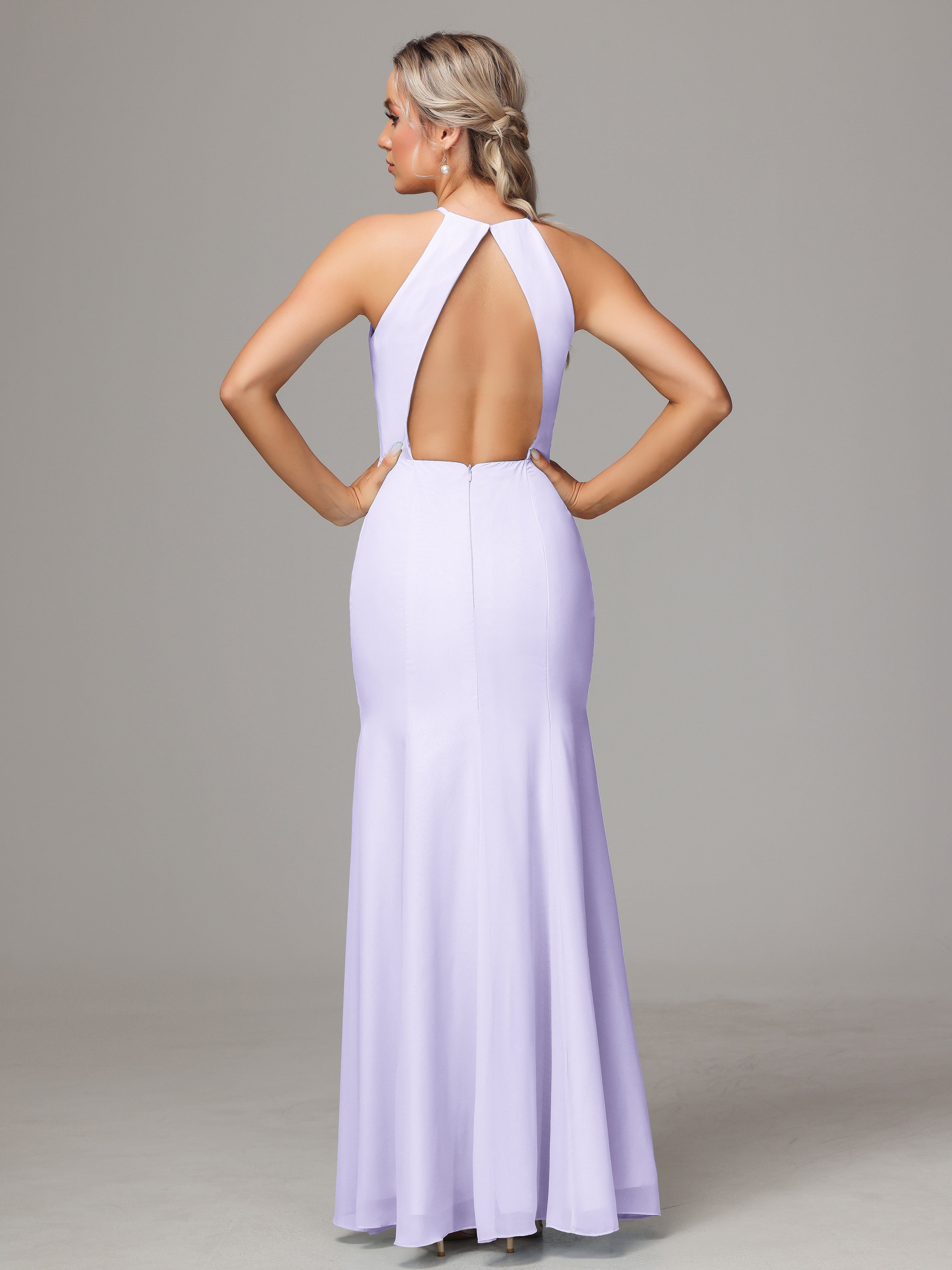 Halter Open Back Chiffon Bridesmaid Dress With Slit