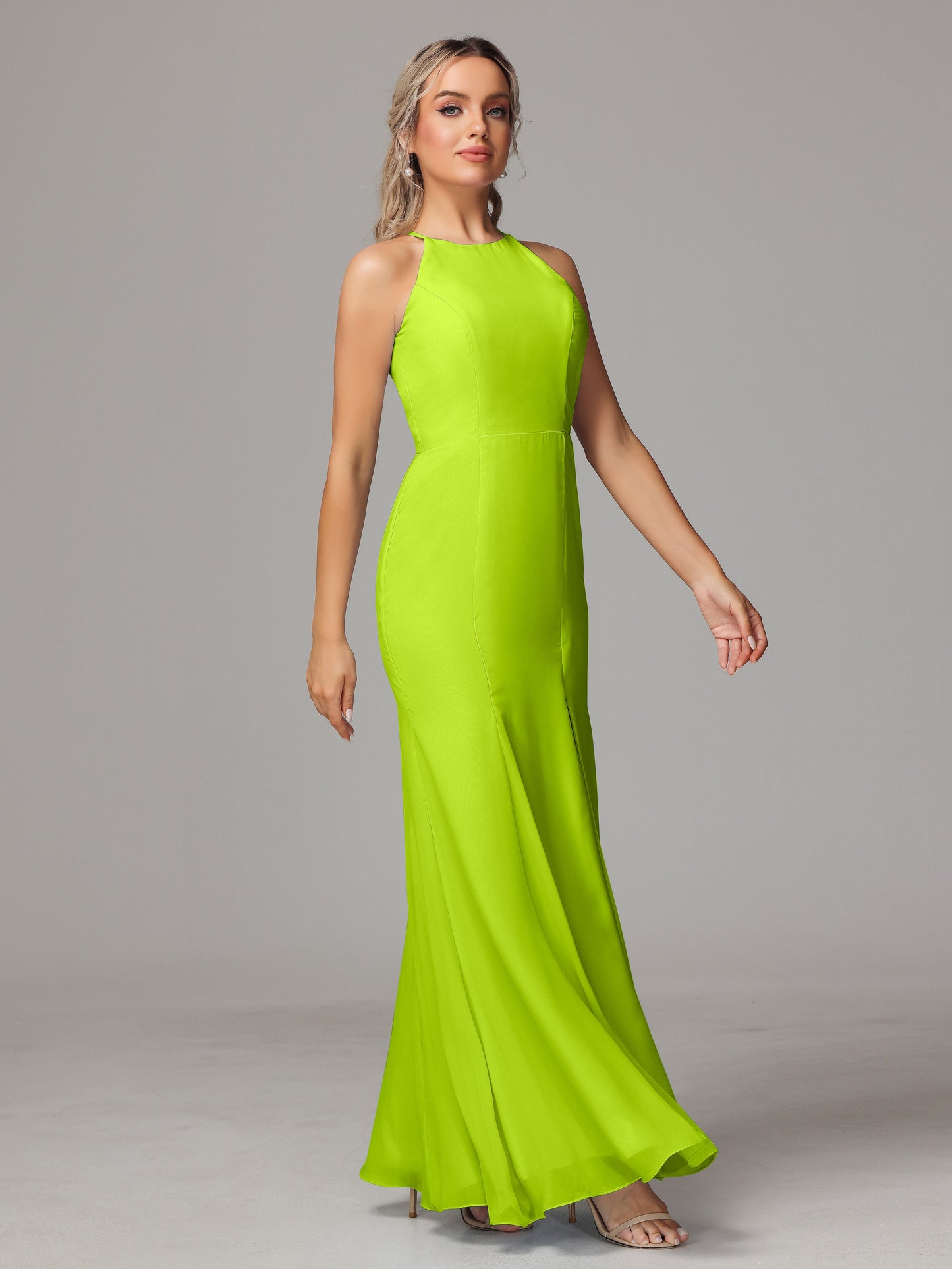 Halter Open Back Chiffon Bridesmaid Dress With Slit