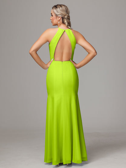 Halter Open Back Chiffon Bridesmaid Dress With Slit