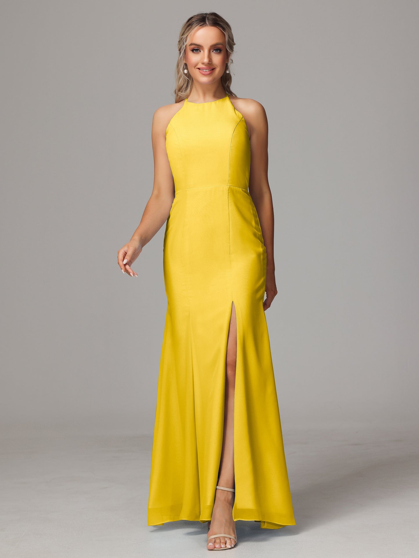Halter Open Back Chiffon Bridesmaid Dress With Slit