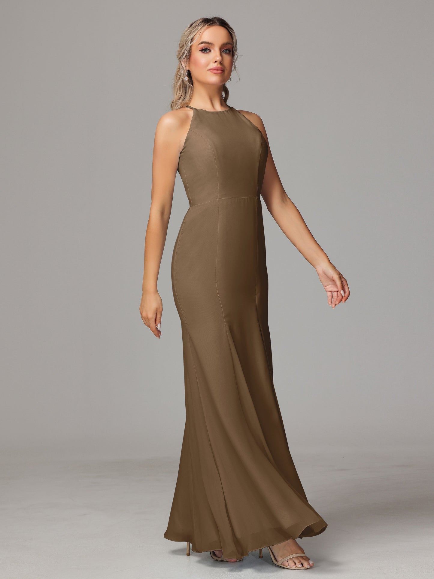 Halter Open Back Chiffon Bridesmaid Dress With Slit