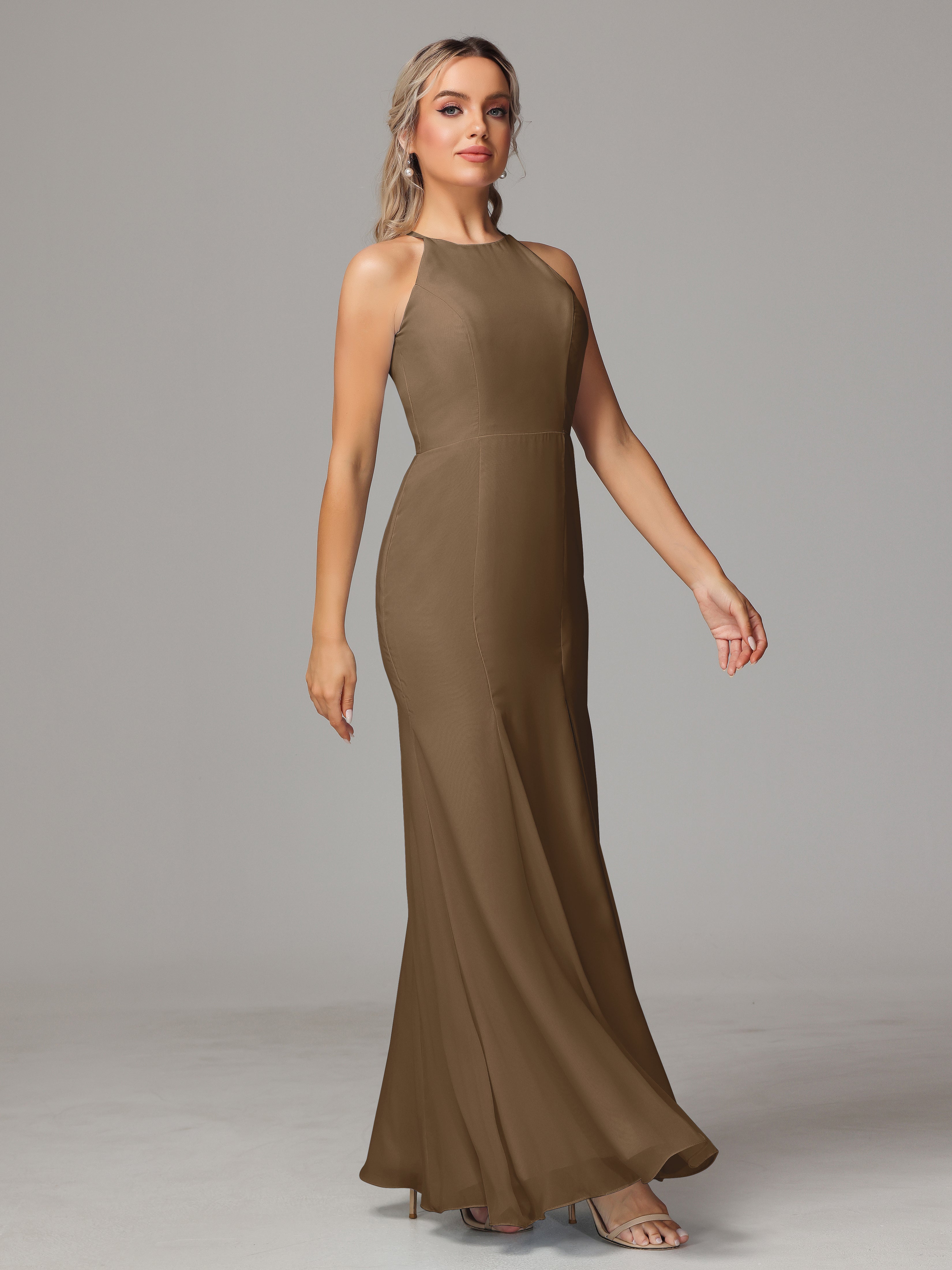 Halter Open Back Chiffon Bridesmaid Dress With Slit