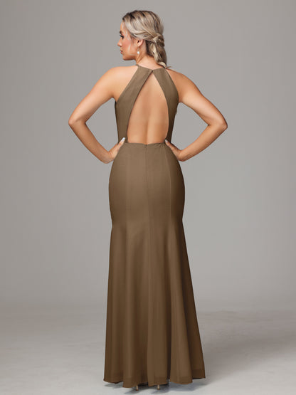 Halter Open Back Chiffon Bridesmaid Dress With Slit