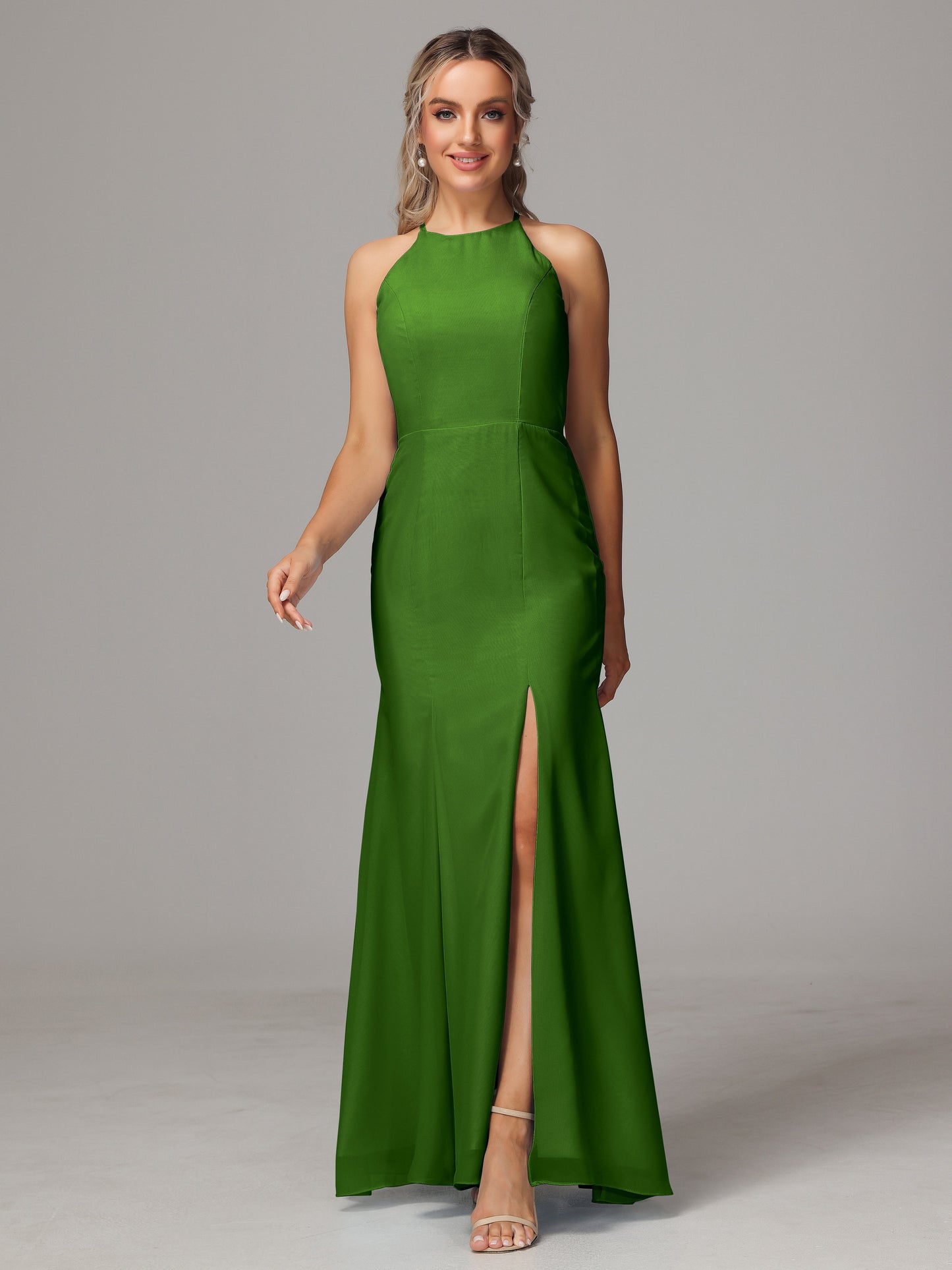 Halter Open Back Chiffon Bridesmaid Dress With Slit