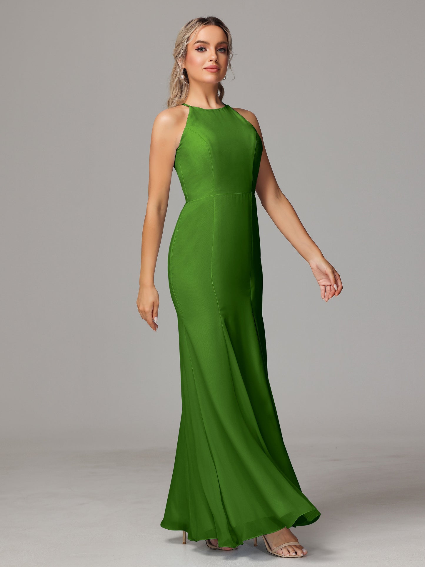 Halter Open Back Chiffon Bridesmaid Dress With Slit