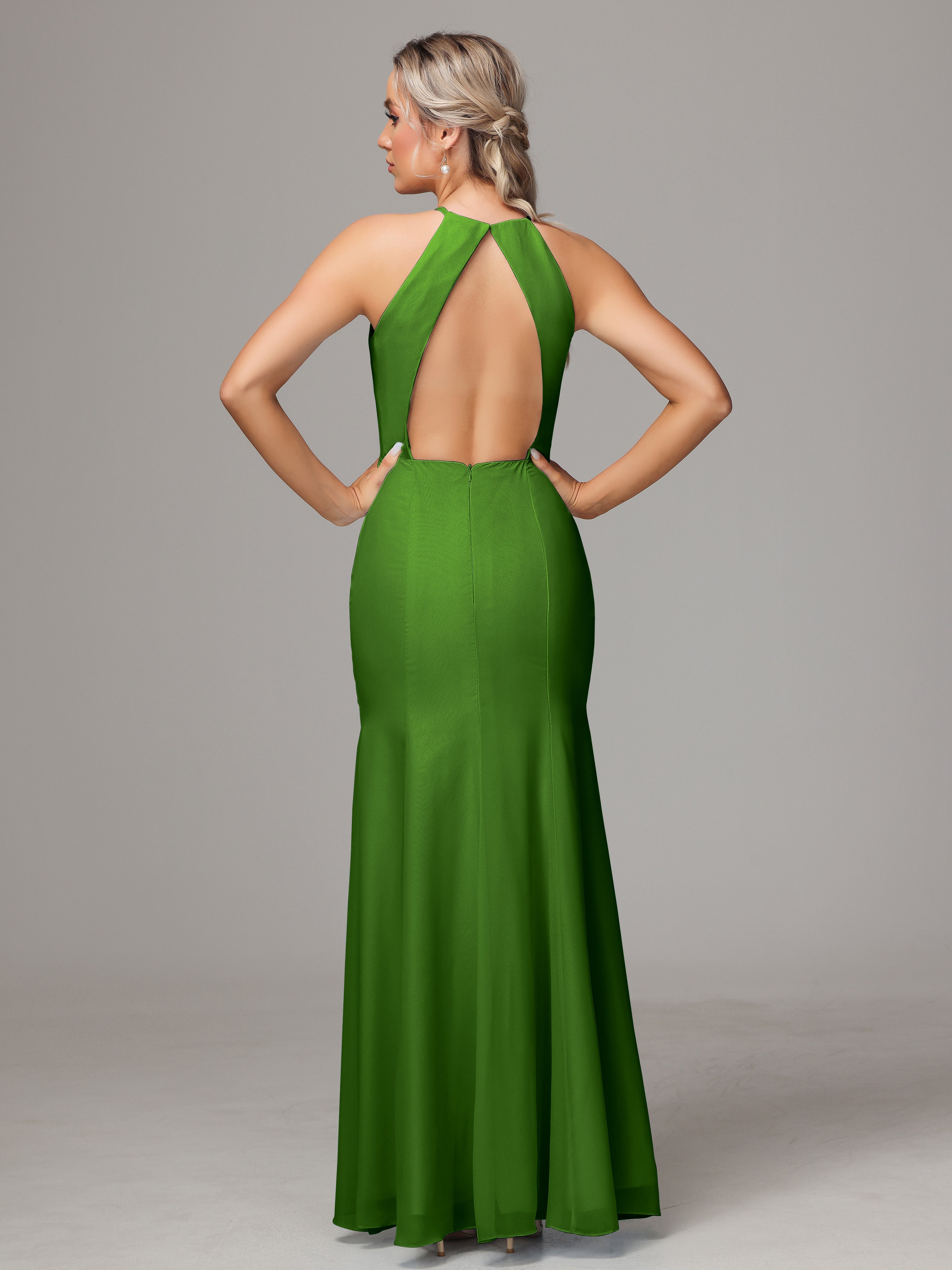 Halter Open Back Chiffon Bridesmaid Dress With Slit