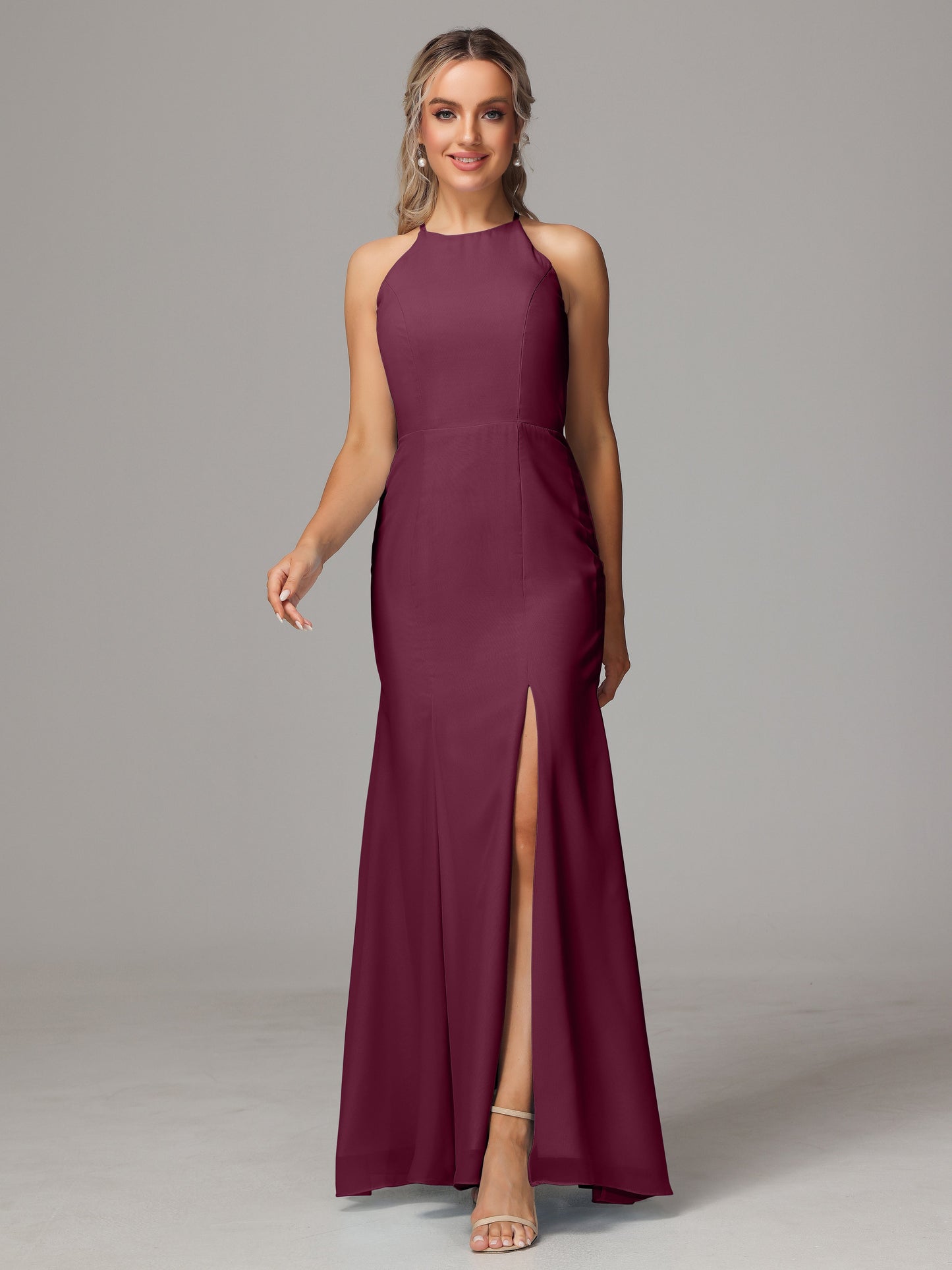 Halter Open Back Chiffon Bridesmaid Dress With Slit