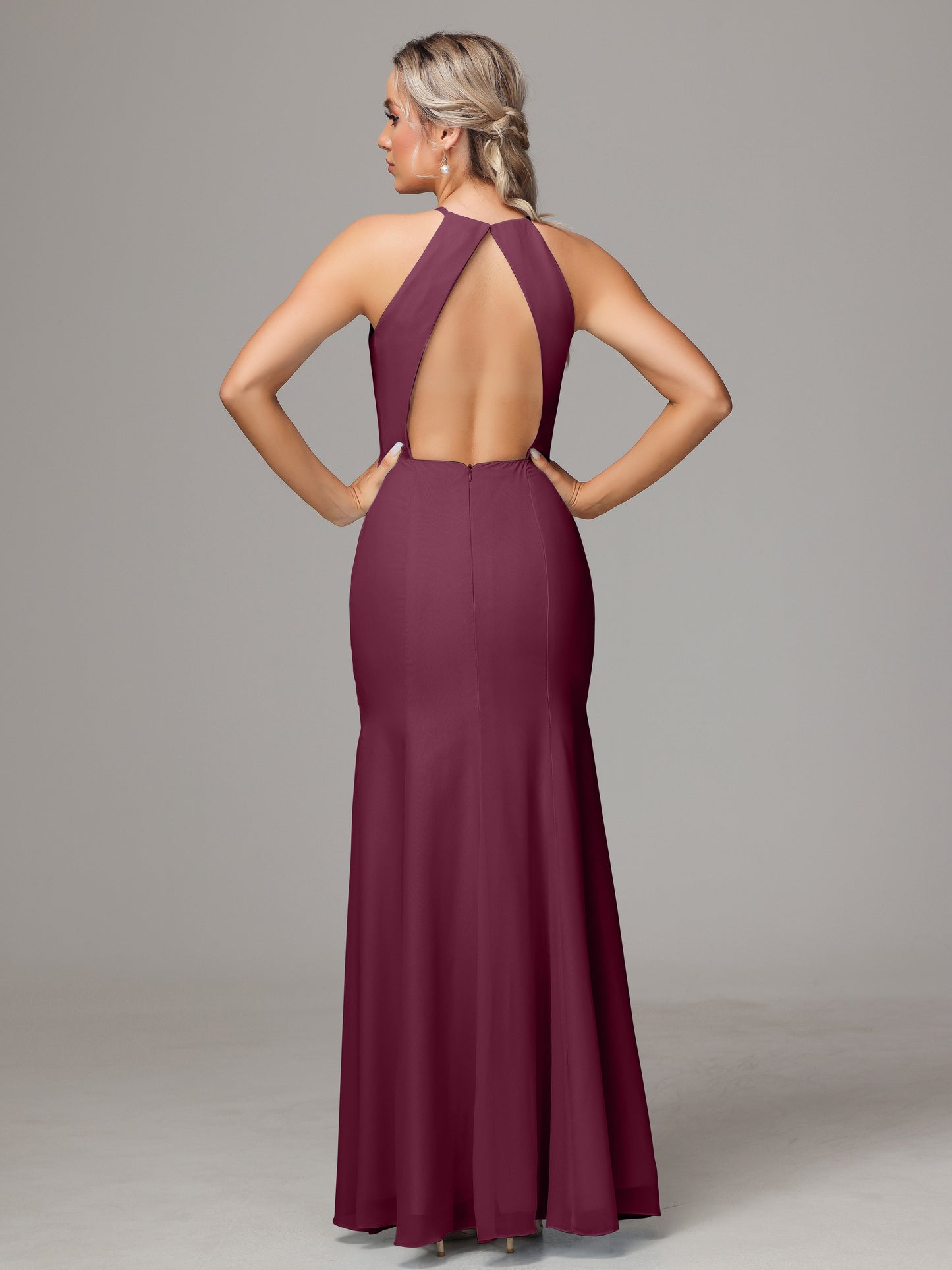 Halter Open Back Chiffon Bridesmaid Dress With Slit