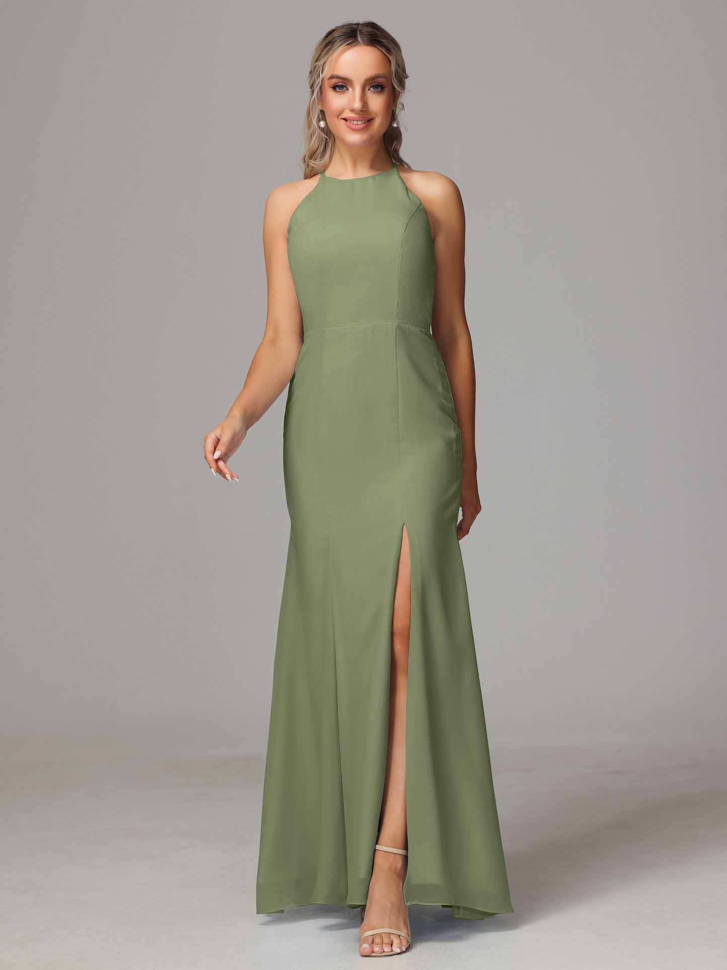 Halter Open Back Chiffon Bridesmaid Dress With Slit