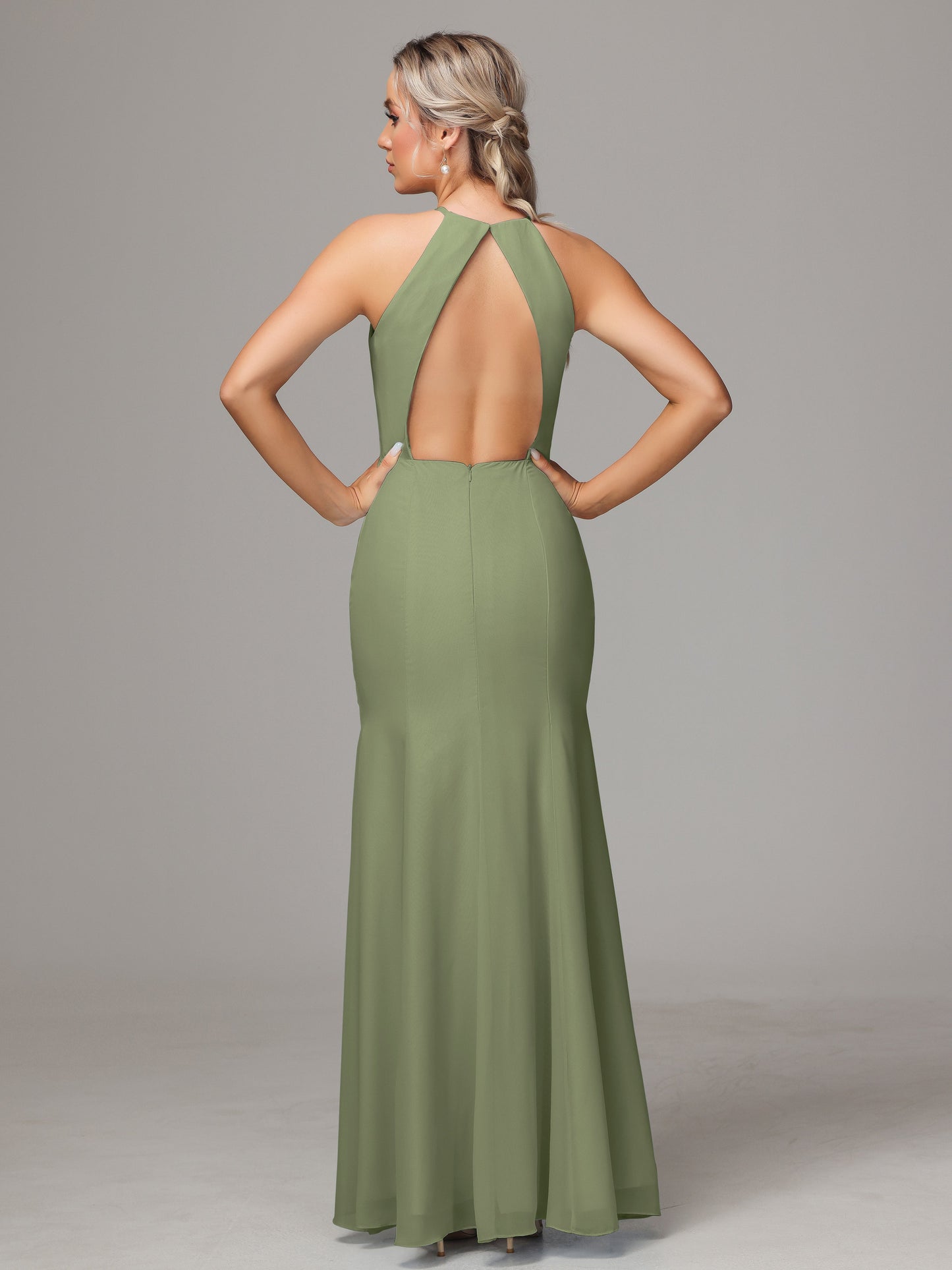 Halter Open Back Chiffon Bridesmaid Dress With Slit