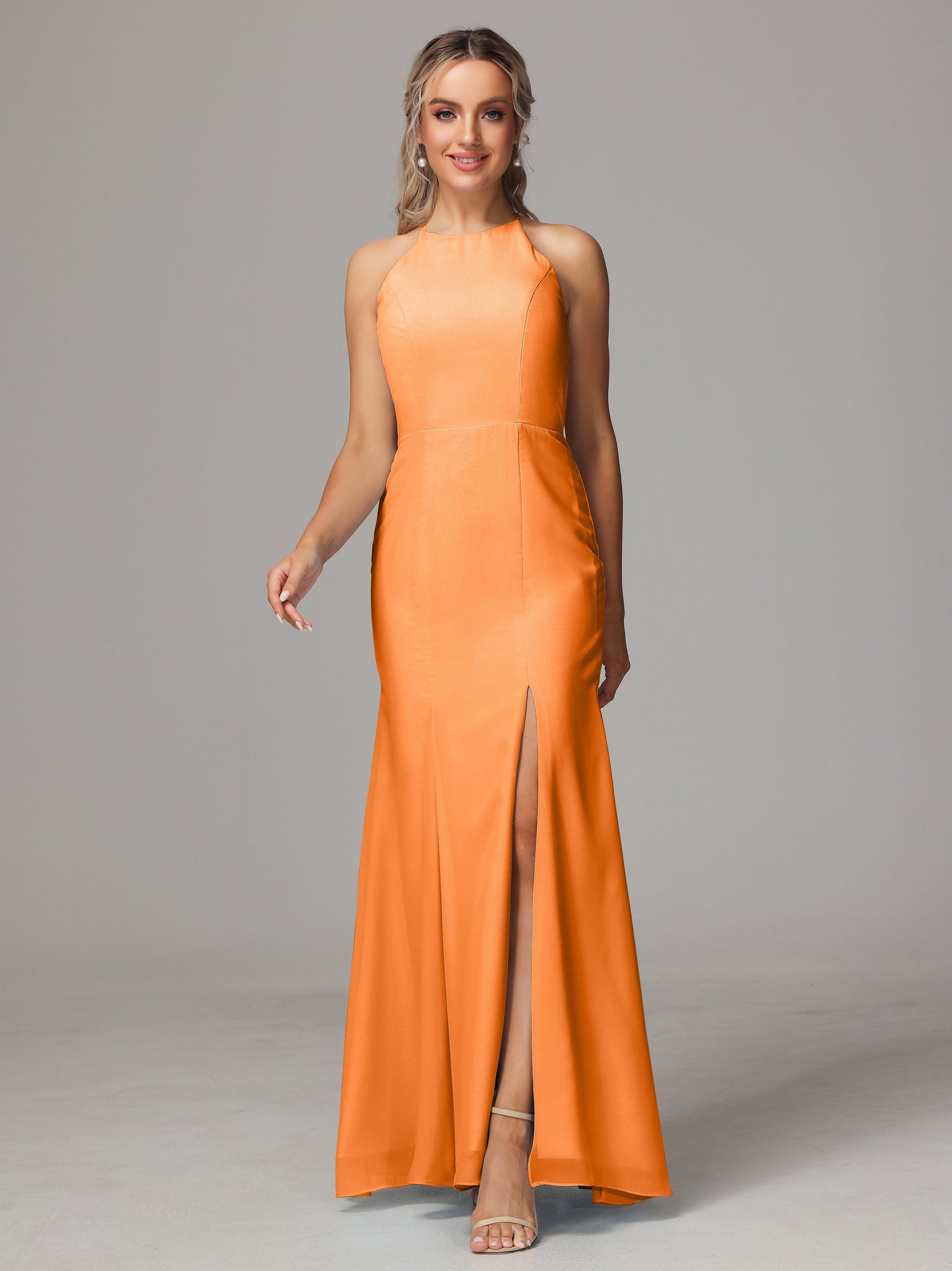 Halter Open Back Chiffon Bridesmaid Dress With Slit