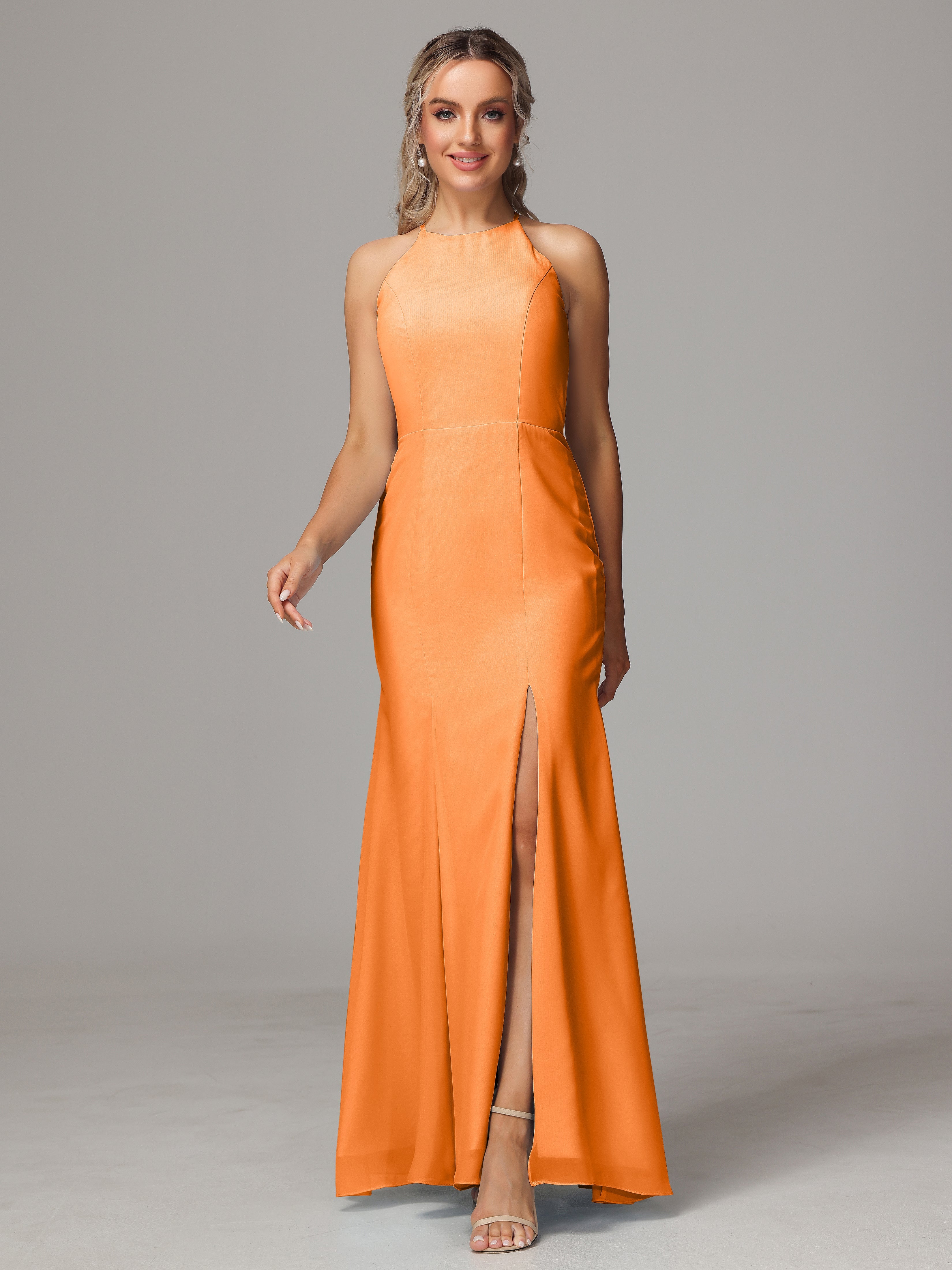 Halter Open Back Chiffon Bridesmaid Dress With Slit