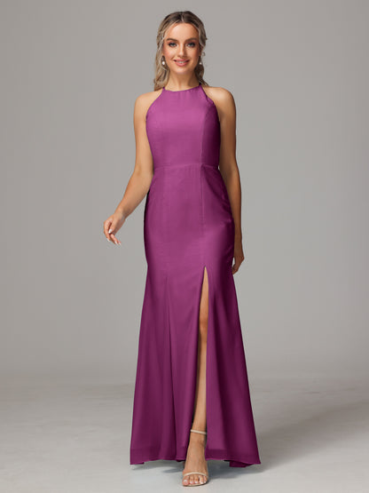 Halter Open Back Chiffon Bridesmaid Dress With Slit