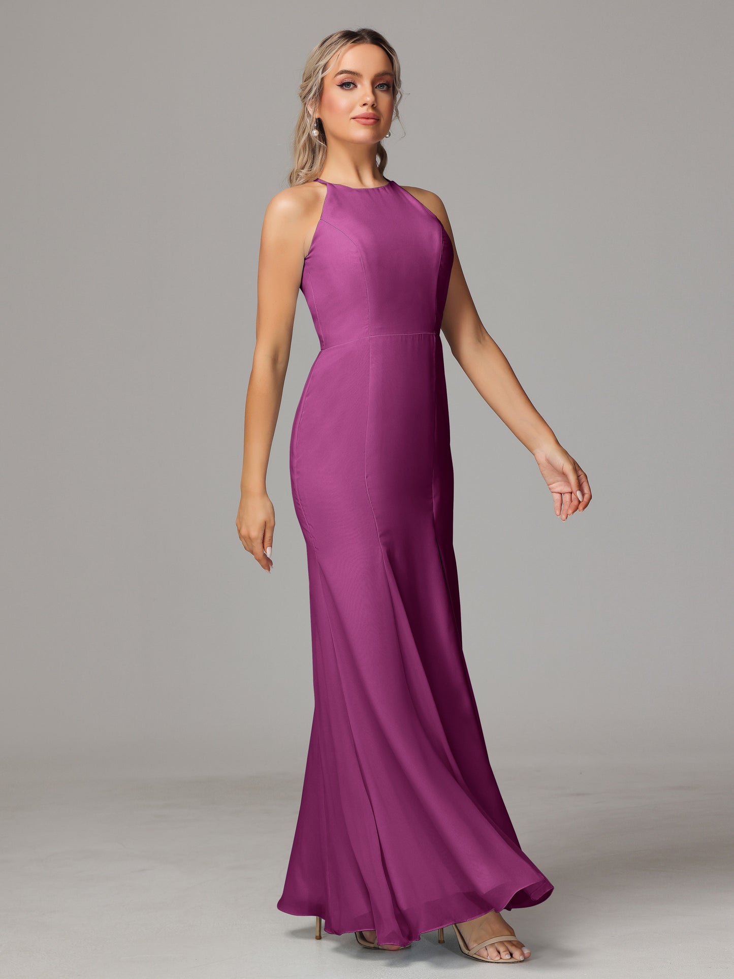 Halter Open Back Chiffon Bridesmaid Dress With Slit