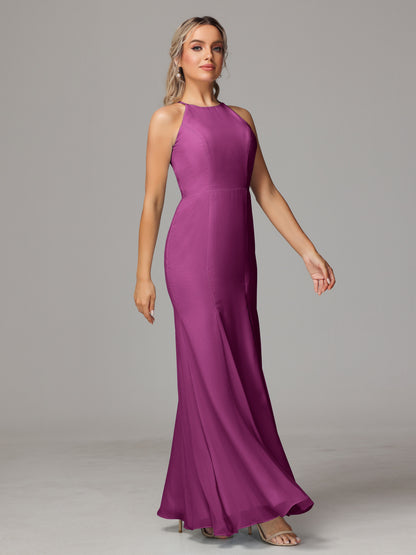 Halter Open Back Chiffon Bridesmaid Dress With Slit