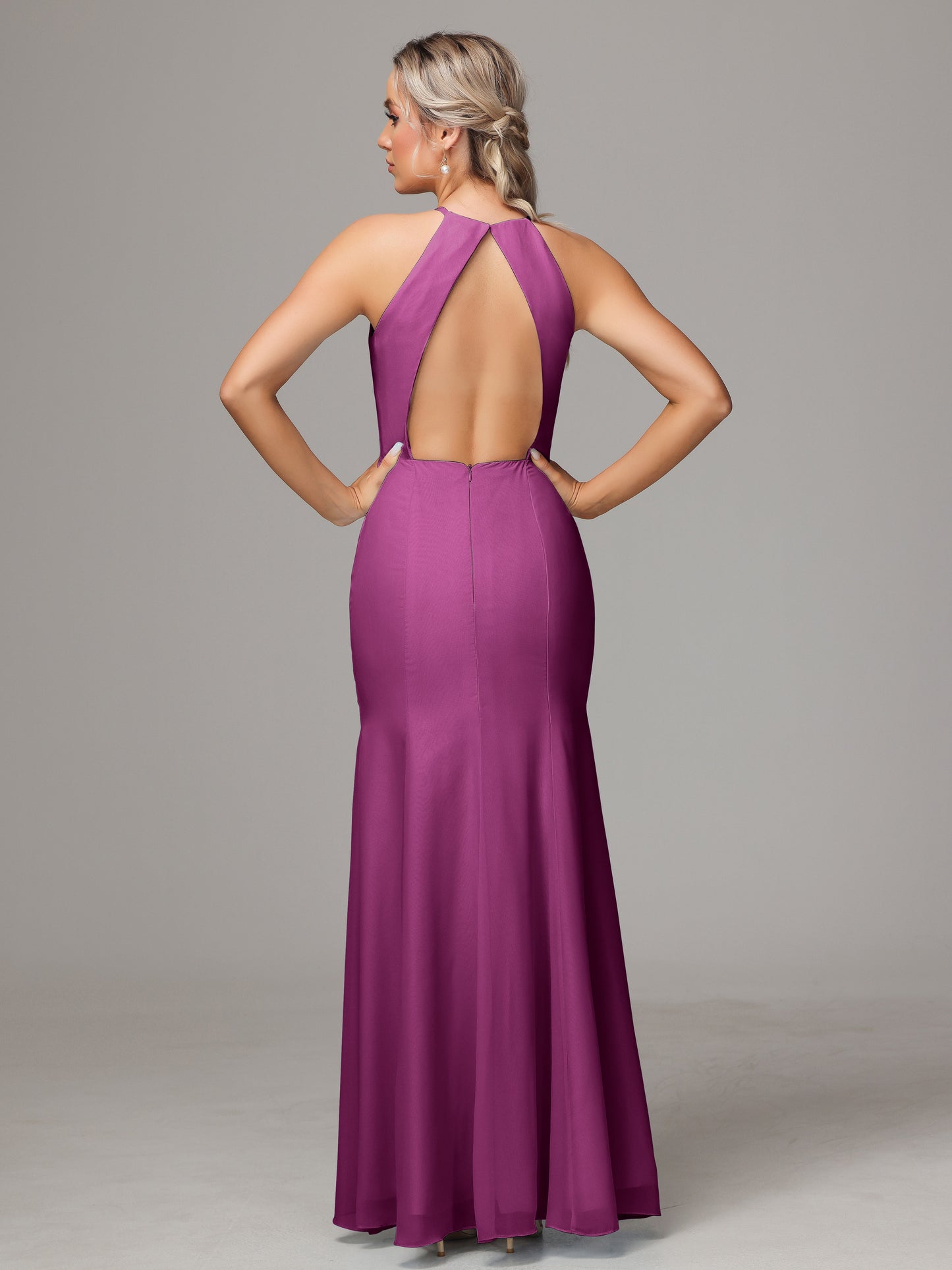 Halter Open Back Chiffon Bridesmaid Dress With Slit