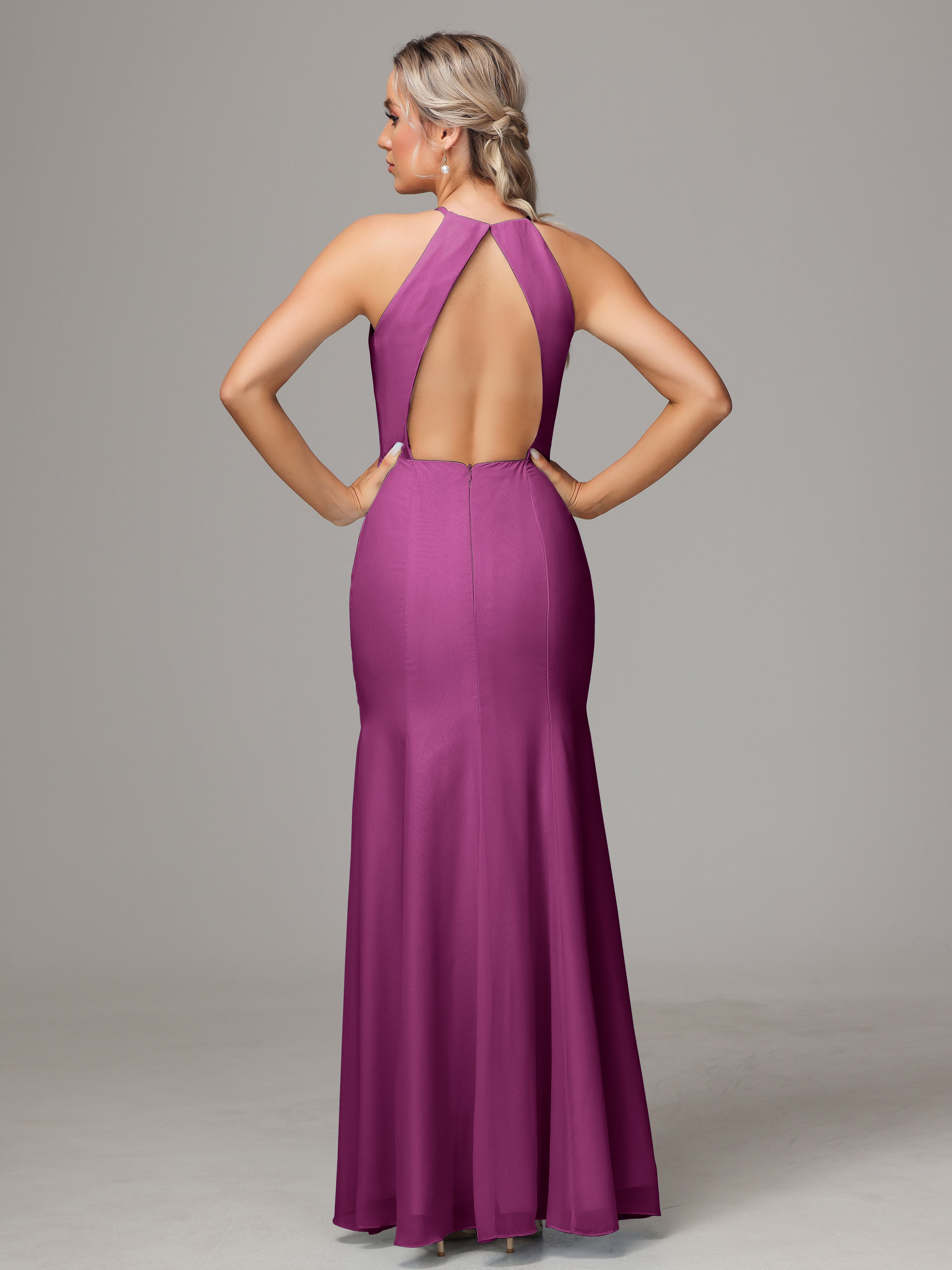 Halter Open Back Chiffon Bridesmaid Dress With Slit