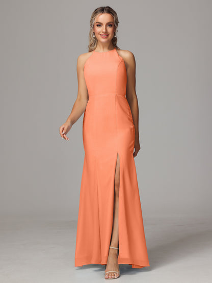 Halter Open Back Chiffon Bridesmaid Dress With Slit