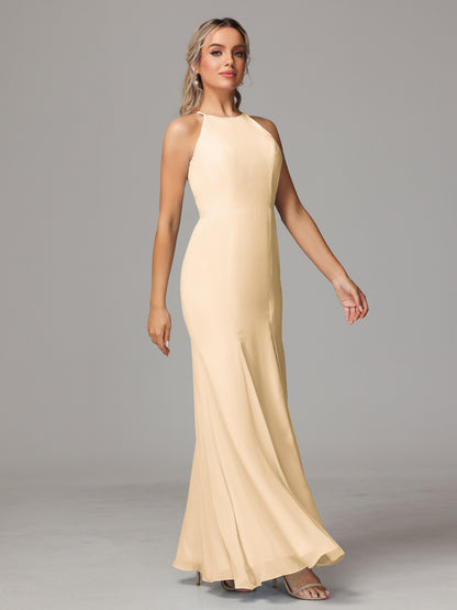 Halter Open Back Chiffon Bridesmaid Dress With Slit