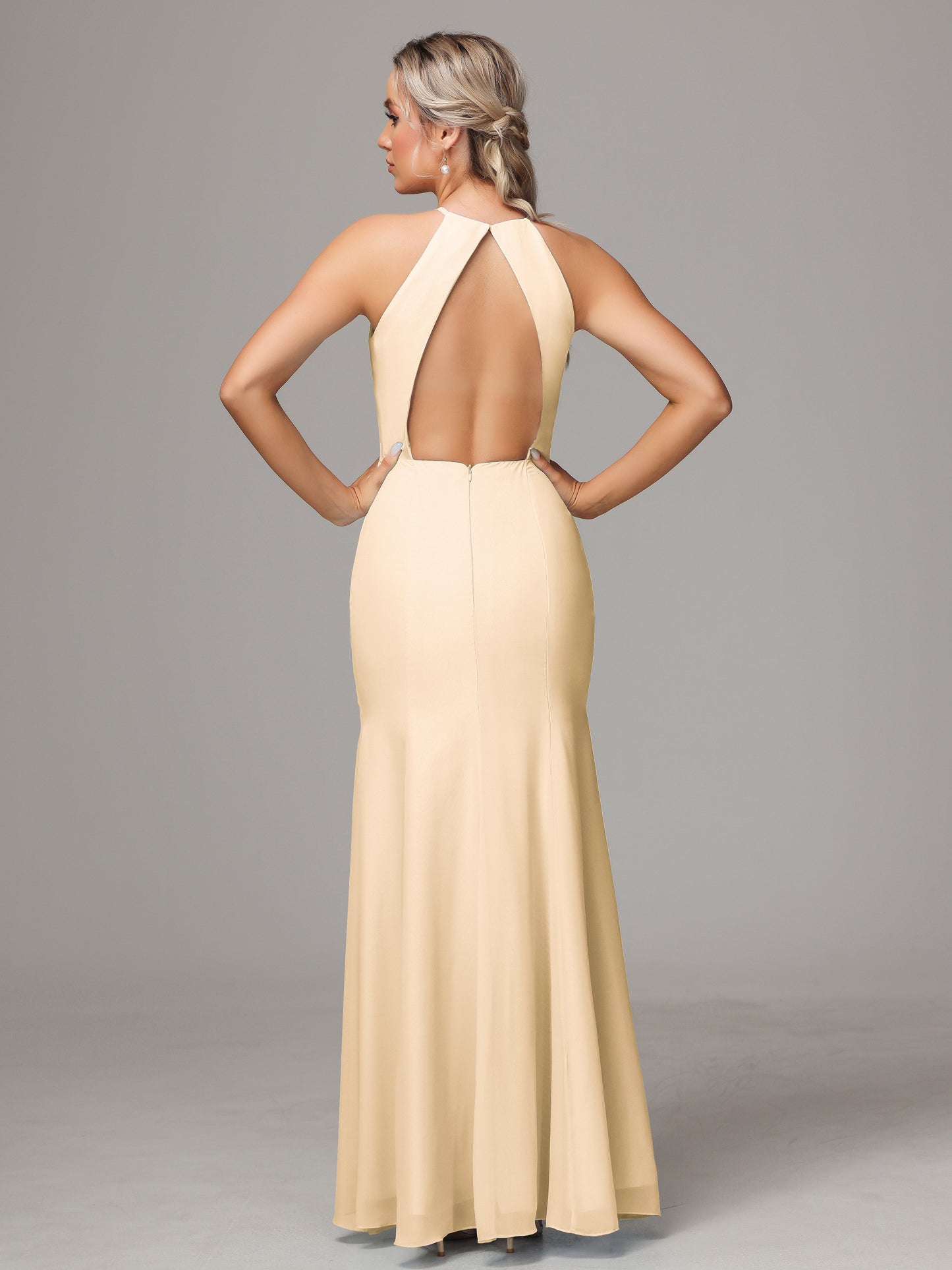 Halter Open Back Chiffon Bridesmaid Dress With Slit