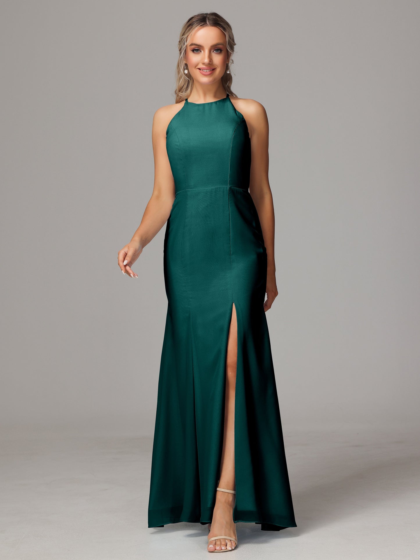 Halter Open Back Chiffon Bridesmaid Dress With Slit