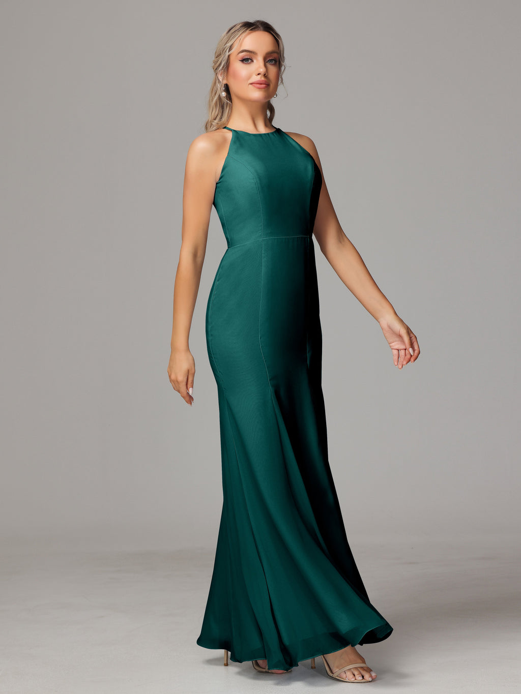 Halter Open Back Chiffon Bridesmaid Dress With Slit