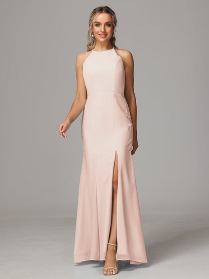 Halter Open Back Chiffon Bridesmaid Dress With Slit