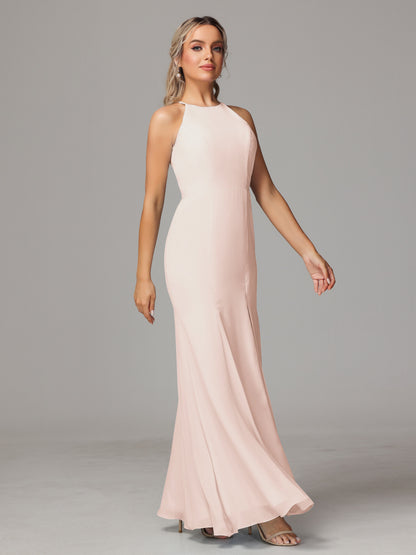 Halter Open Back Chiffon Bridesmaid Dress With Slit