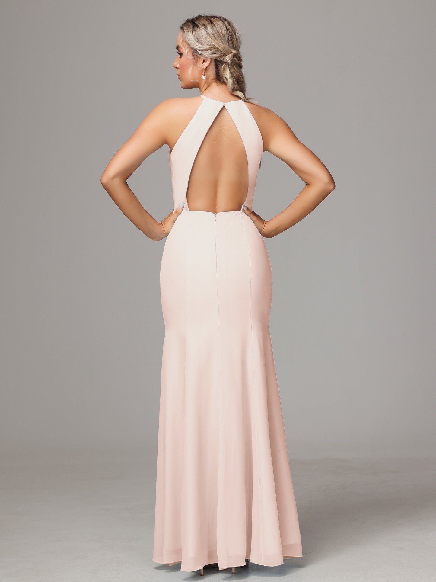 Halter Open Back Chiffon Bridesmaid Dress With Slit
