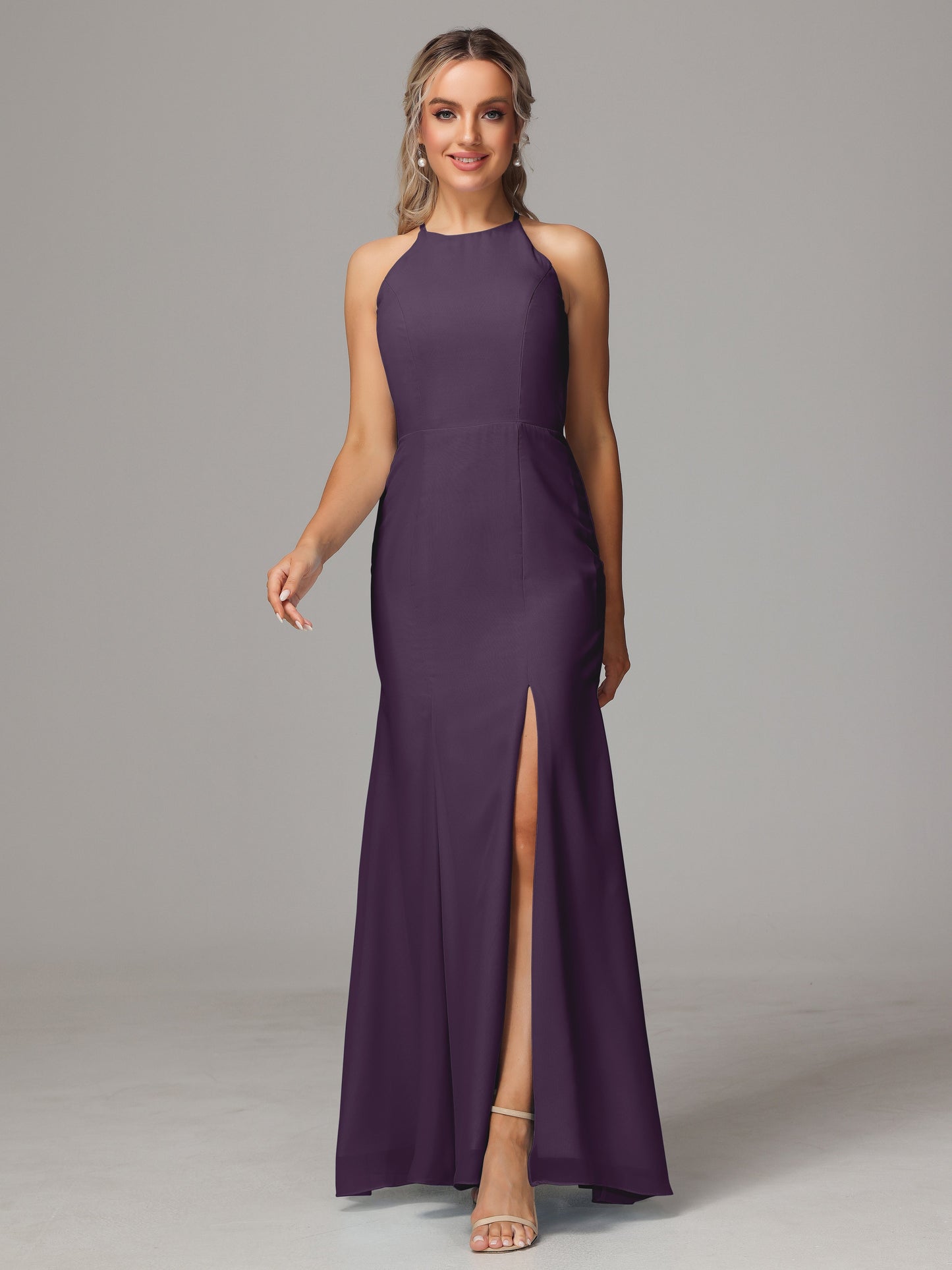 Halter Open Back Chiffon Bridesmaid Dress With Slit