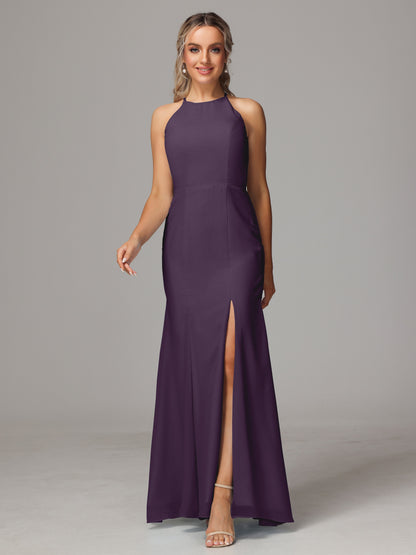 Halter Open Back Chiffon Bridesmaid Dress With Slit