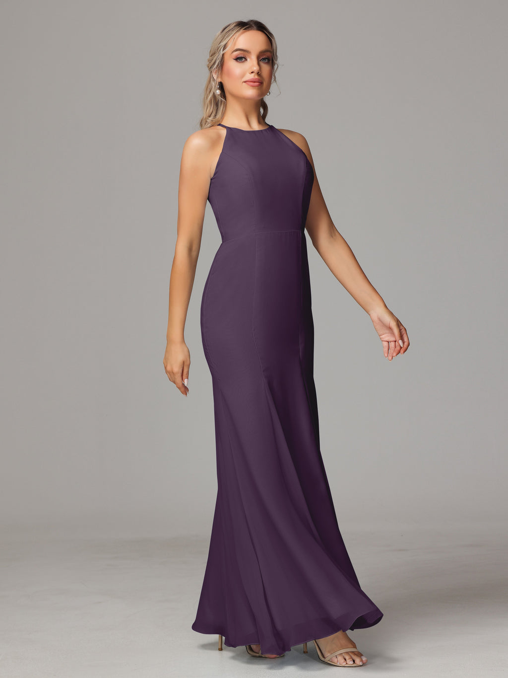 Halter Open Back Chiffon Bridesmaid Dress With Slit