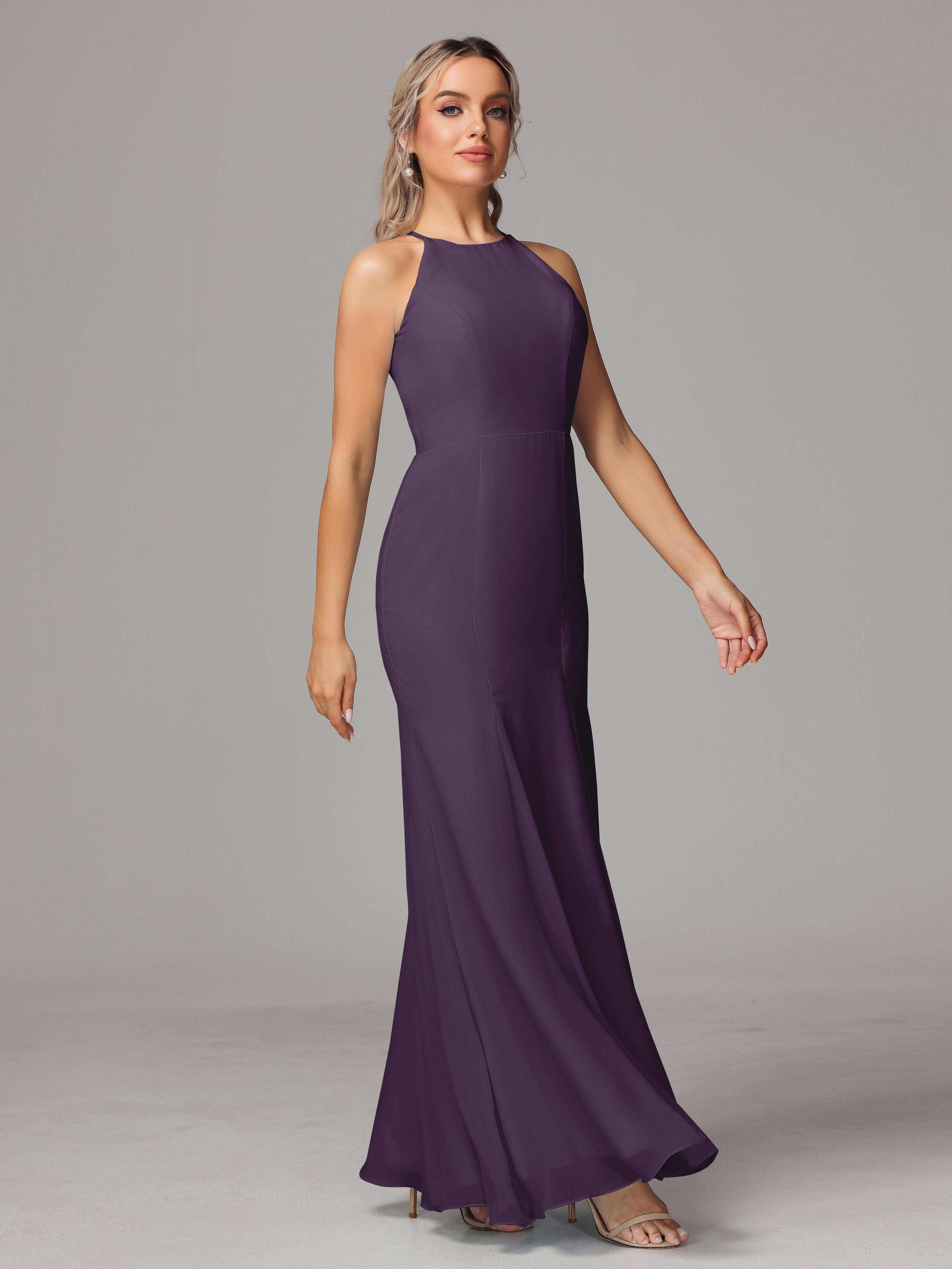 Halter Open Back Chiffon Bridesmaid Dress With Slit