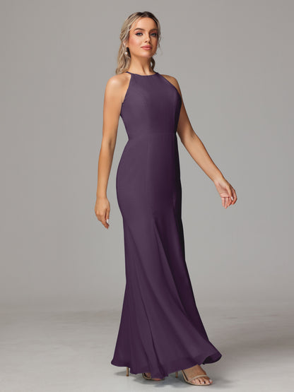 Halter Open Back Chiffon Bridesmaid Dress With Slit