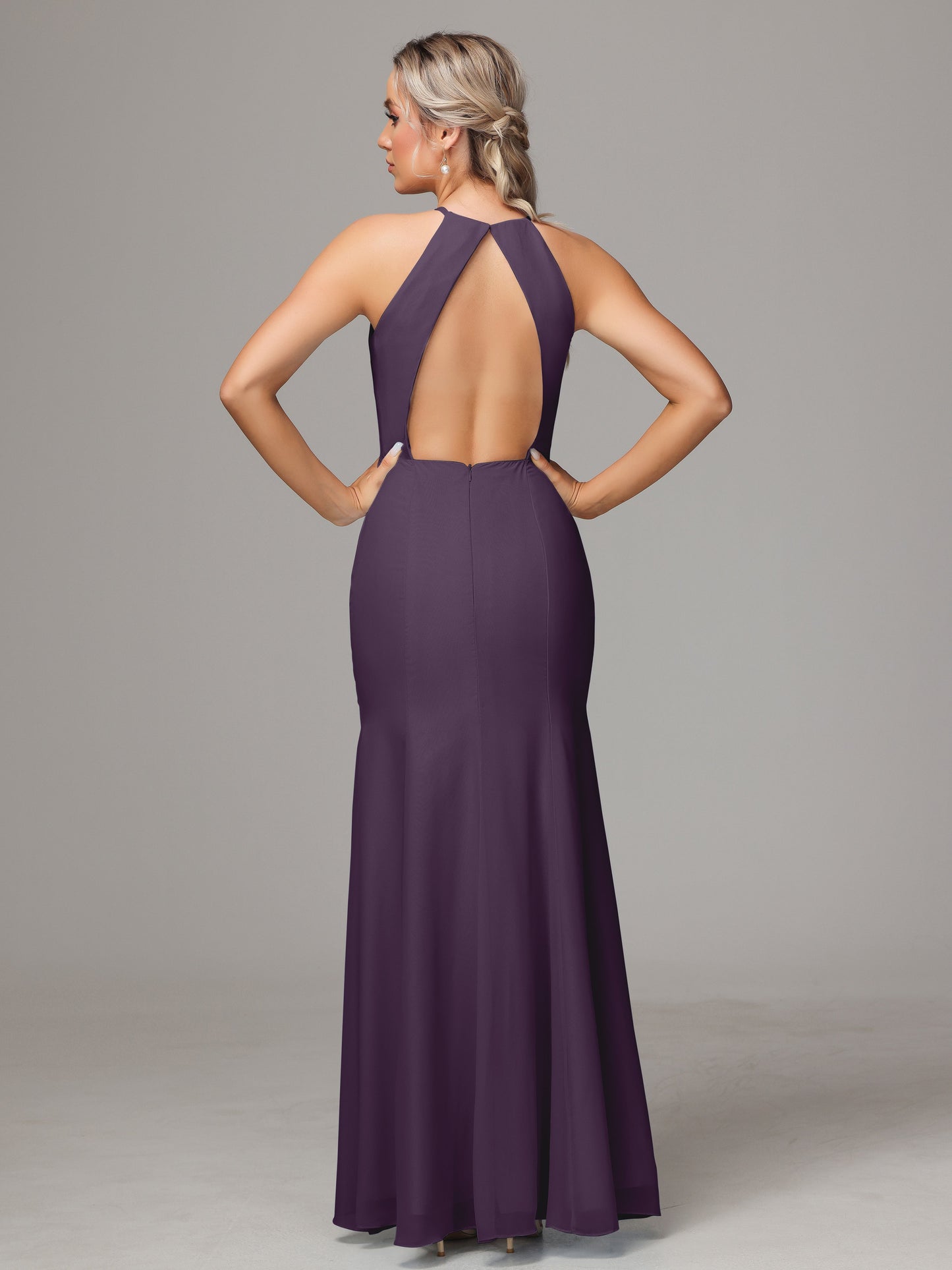 Halter Open Back Chiffon Bridesmaid Dress With Slit