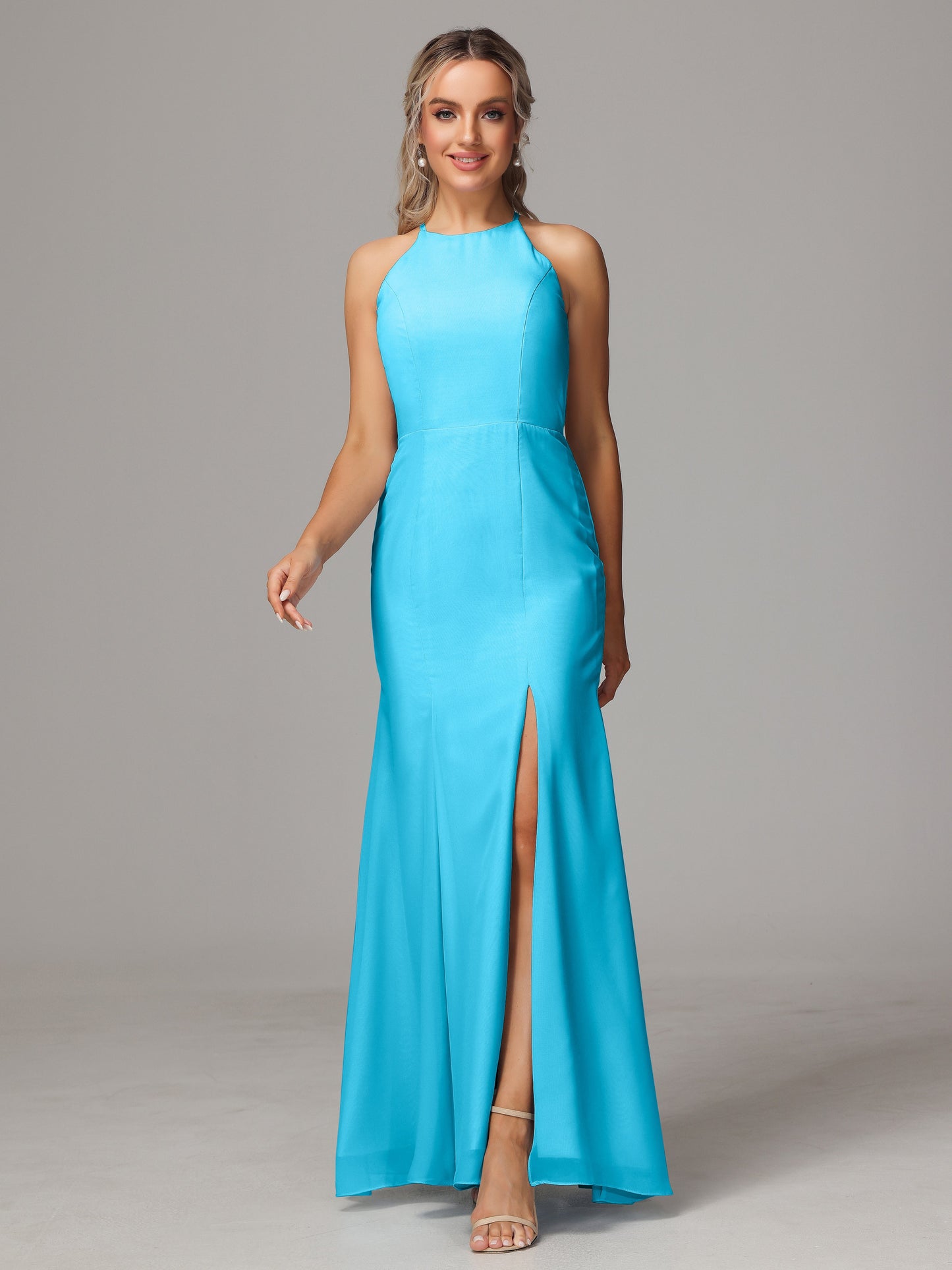 Halter Open Back Chiffon Bridesmaid Dress With Slit