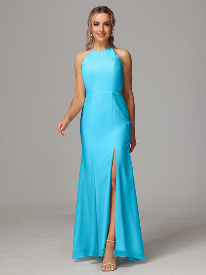 Halter Open Back Chiffon Bridesmaid Dress With Slit