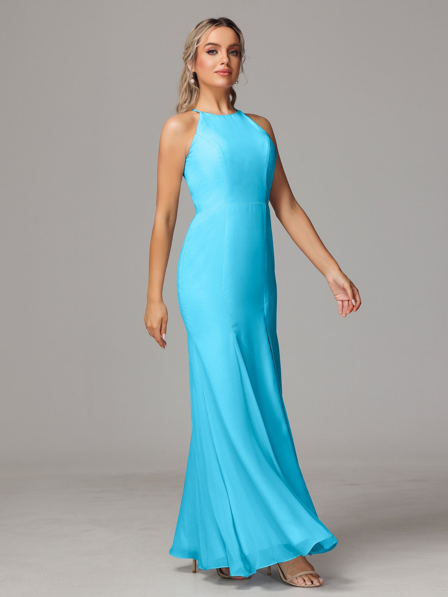 Halter Open Back Chiffon Bridesmaid Dress With Slit