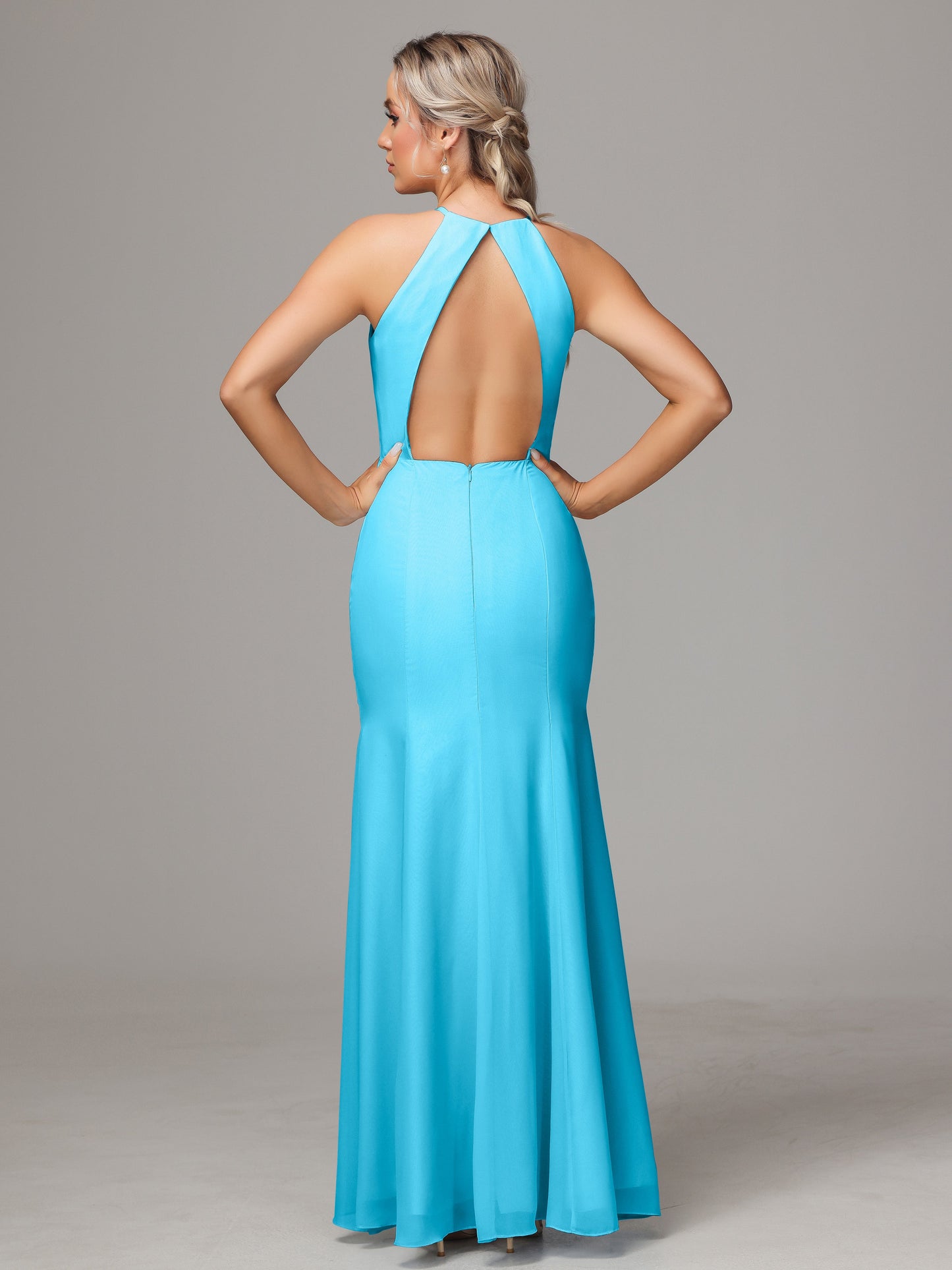 Halter Open Back Chiffon Bridesmaid Dress With Slit