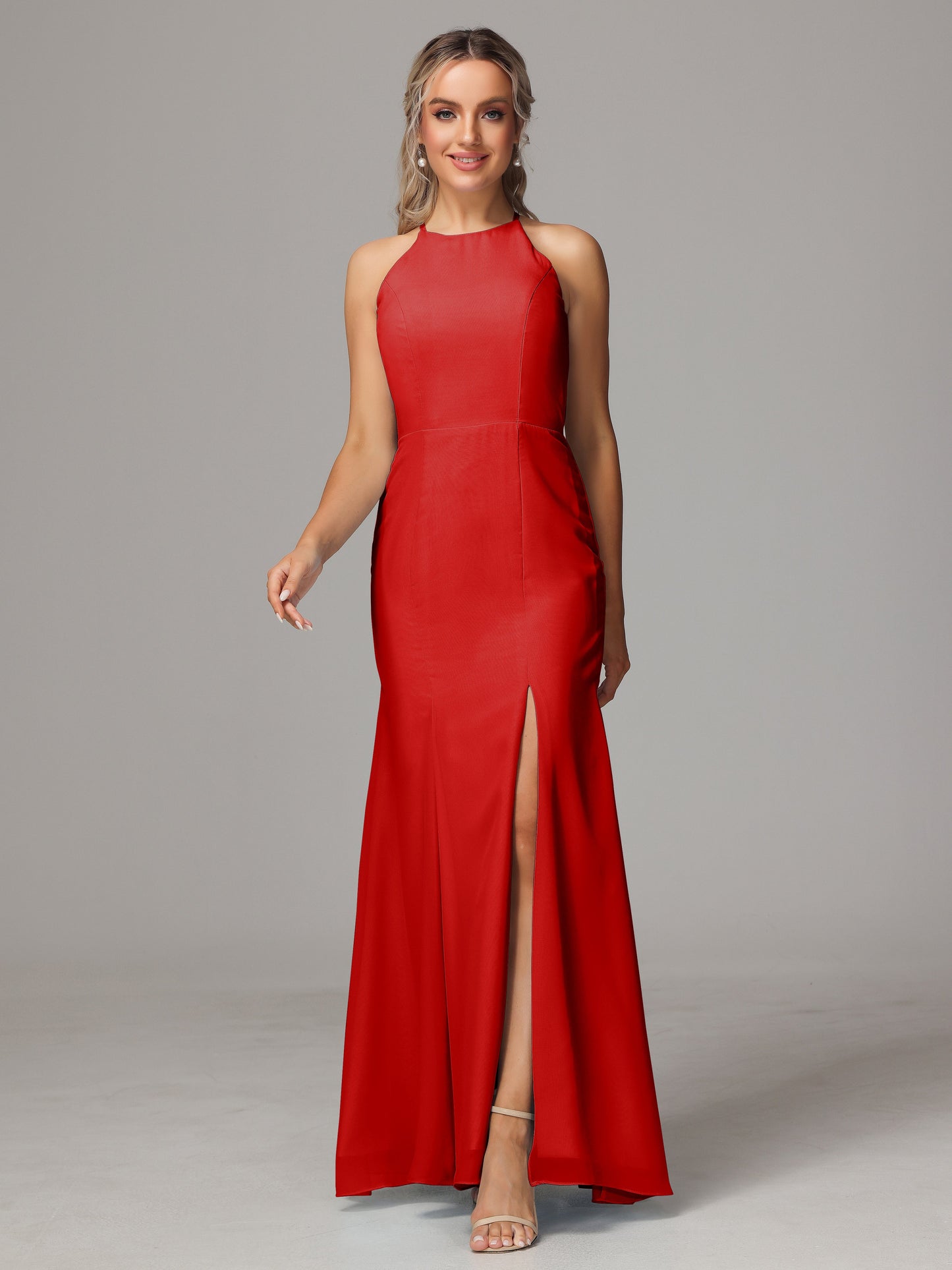 Halter Open Back Chiffon Bridesmaid Dress With Slit