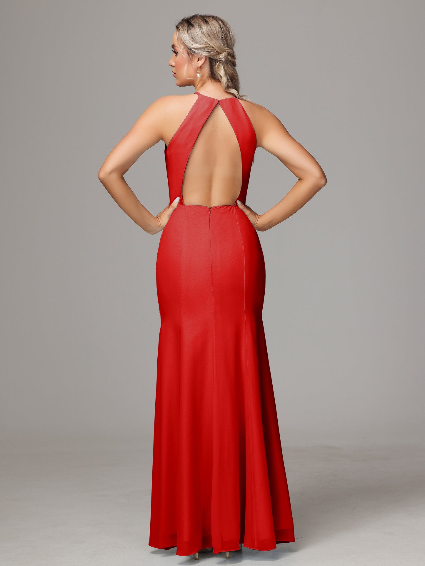 Halter Open Back Chiffon Bridesmaid Dress With Slit