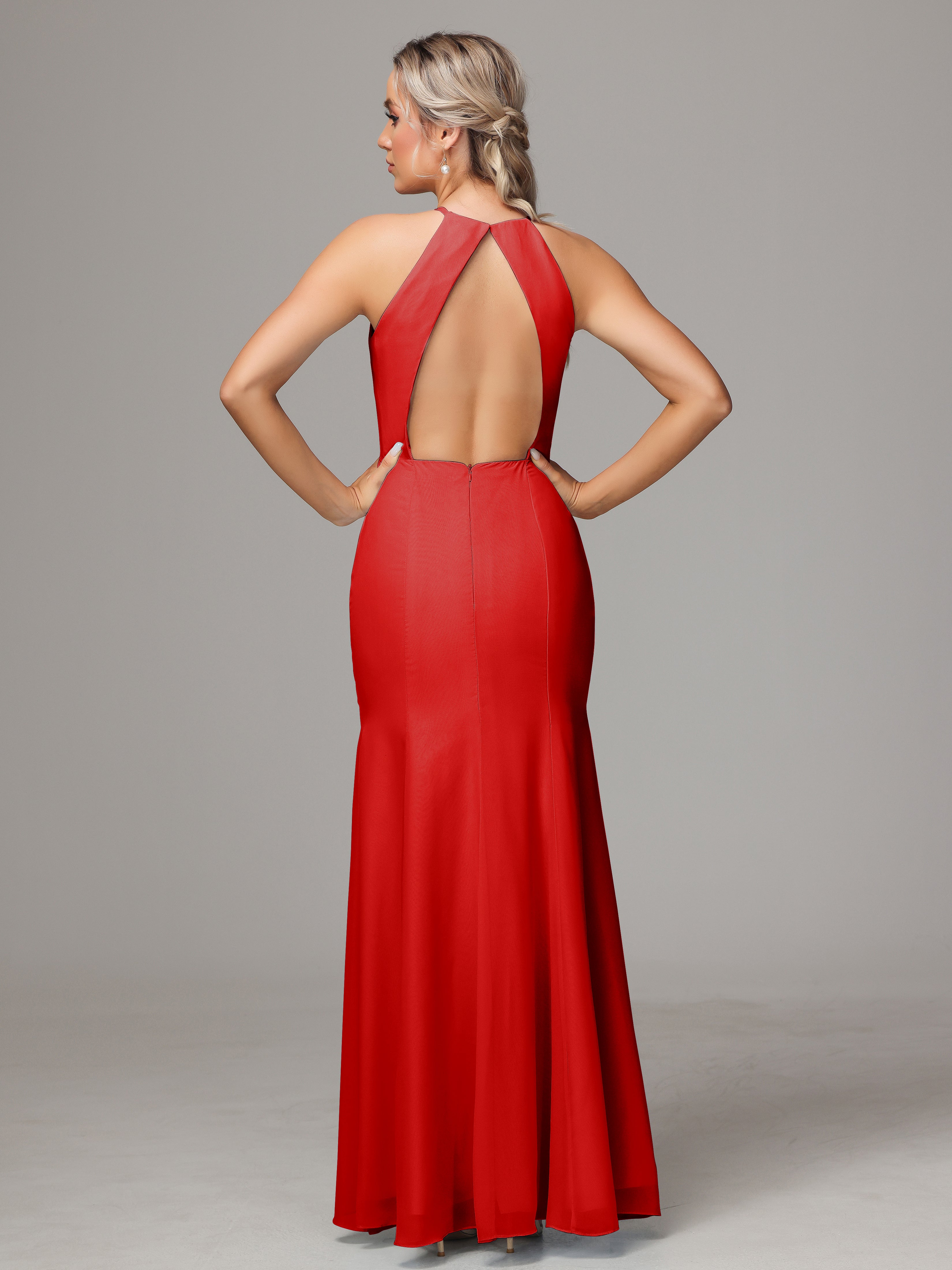 Halter Open Back Chiffon Bridesmaid Dress With Slit