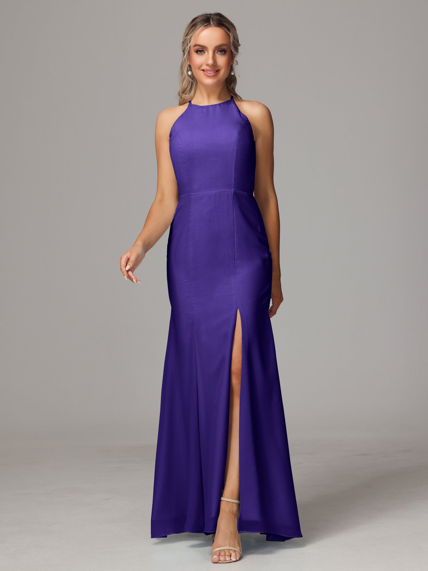 Halter Open Back Chiffon Bridesmaid Dress With Slit