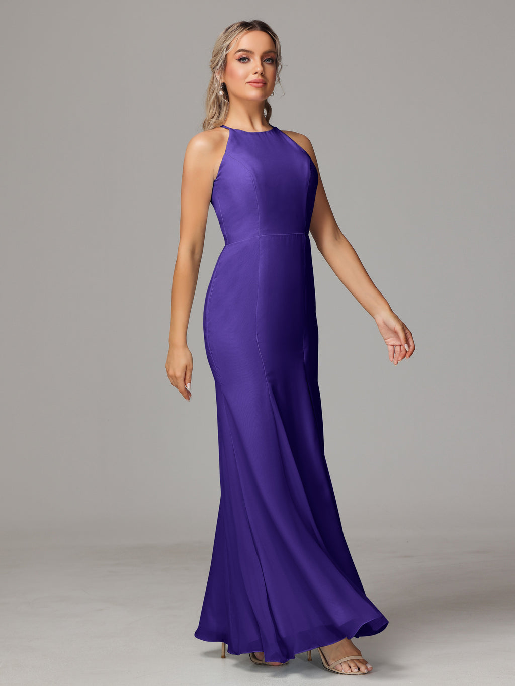 Halter Open Back Chiffon Bridesmaid Dress With Slit