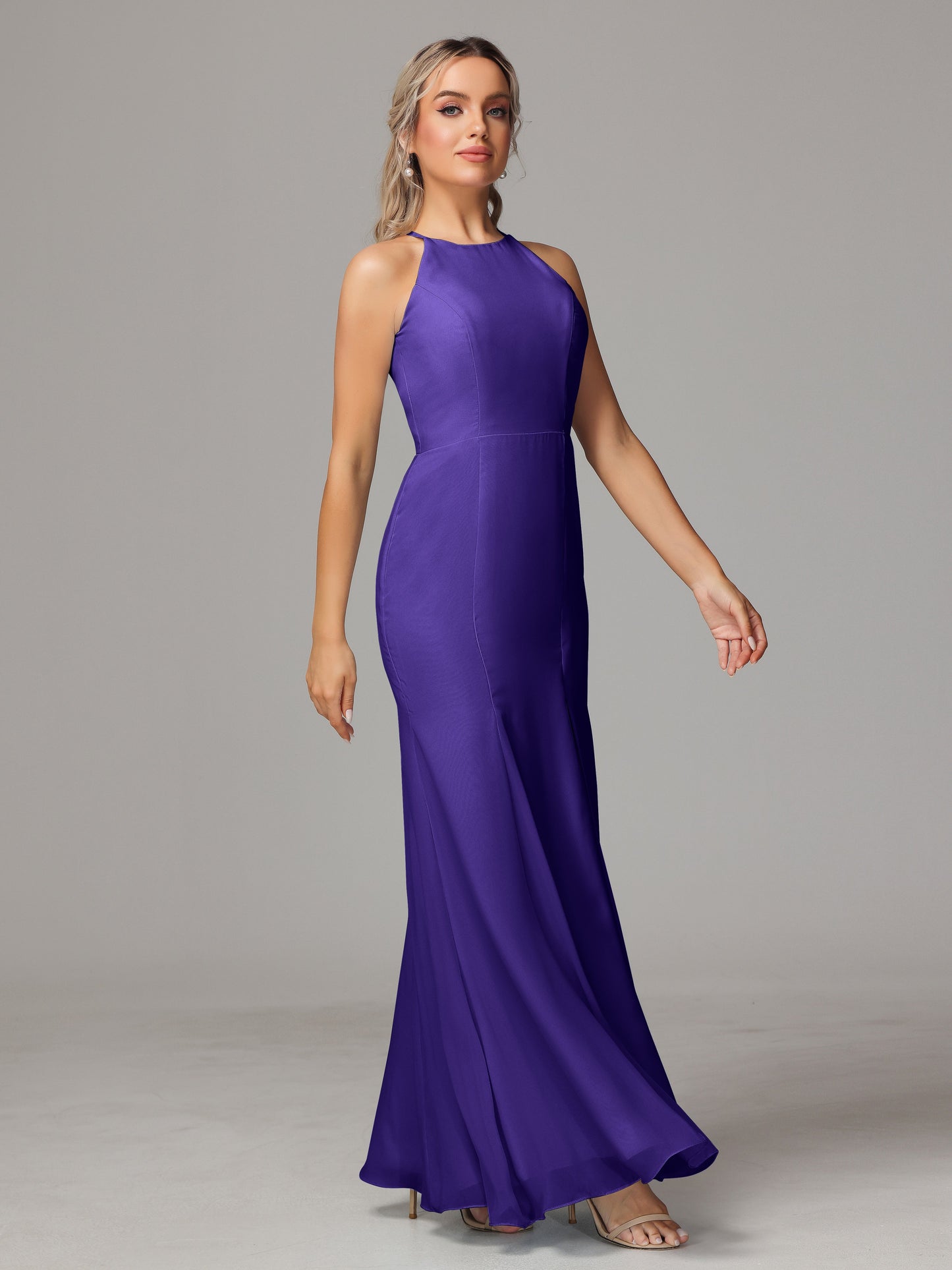Halter Open Back Chiffon Bridesmaid Dress With Slit