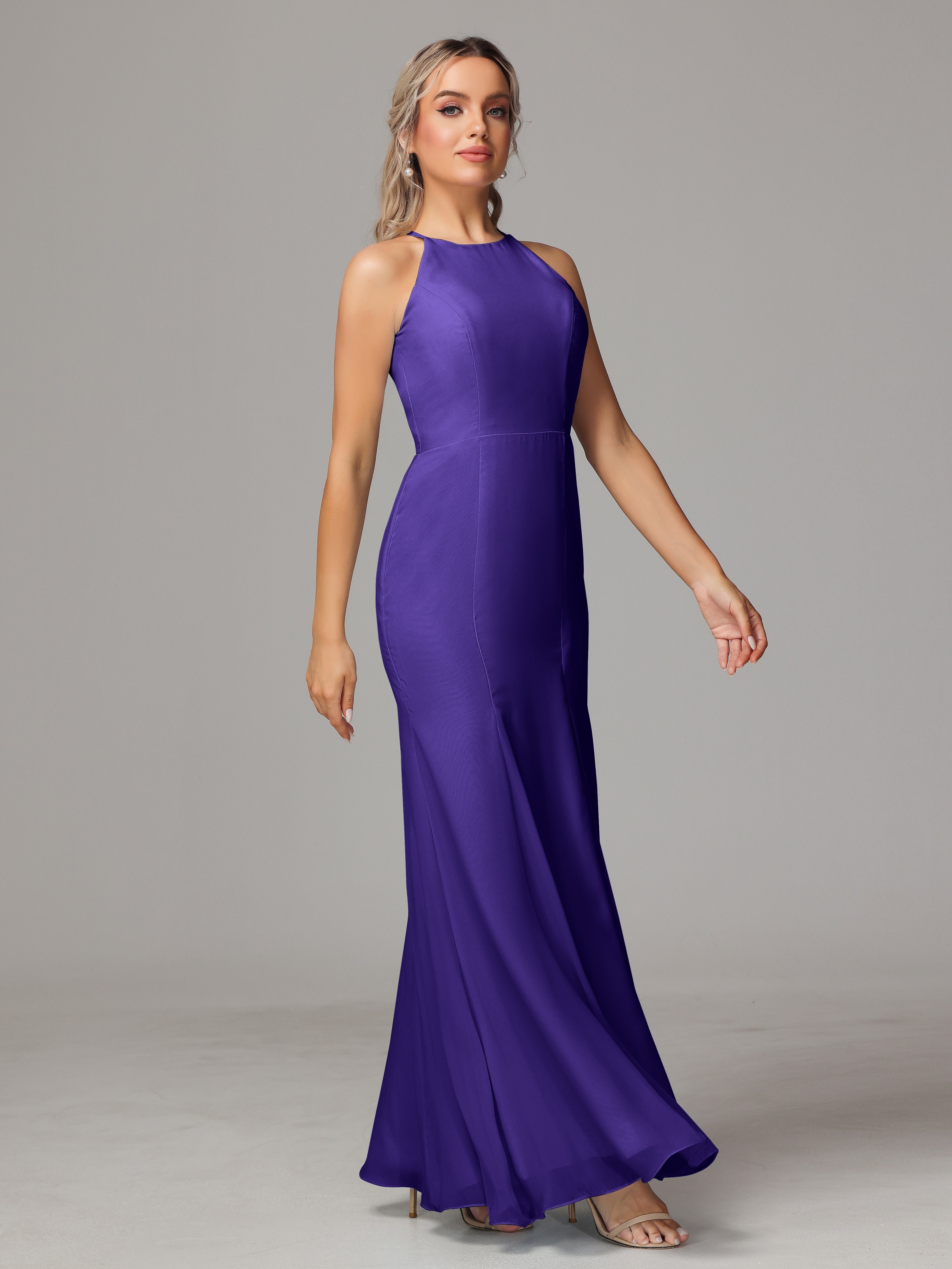 Halter Open Back Chiffon Bridesmaid Dress With Slit