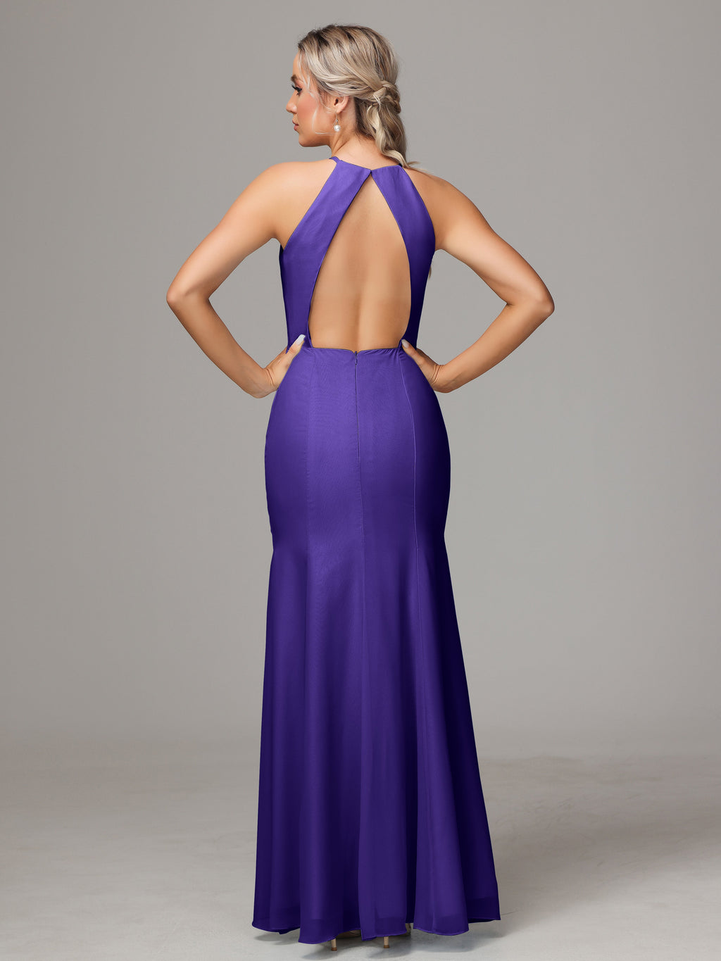 Halter Open Back Chiffon Bridesmaid Dress With Slit