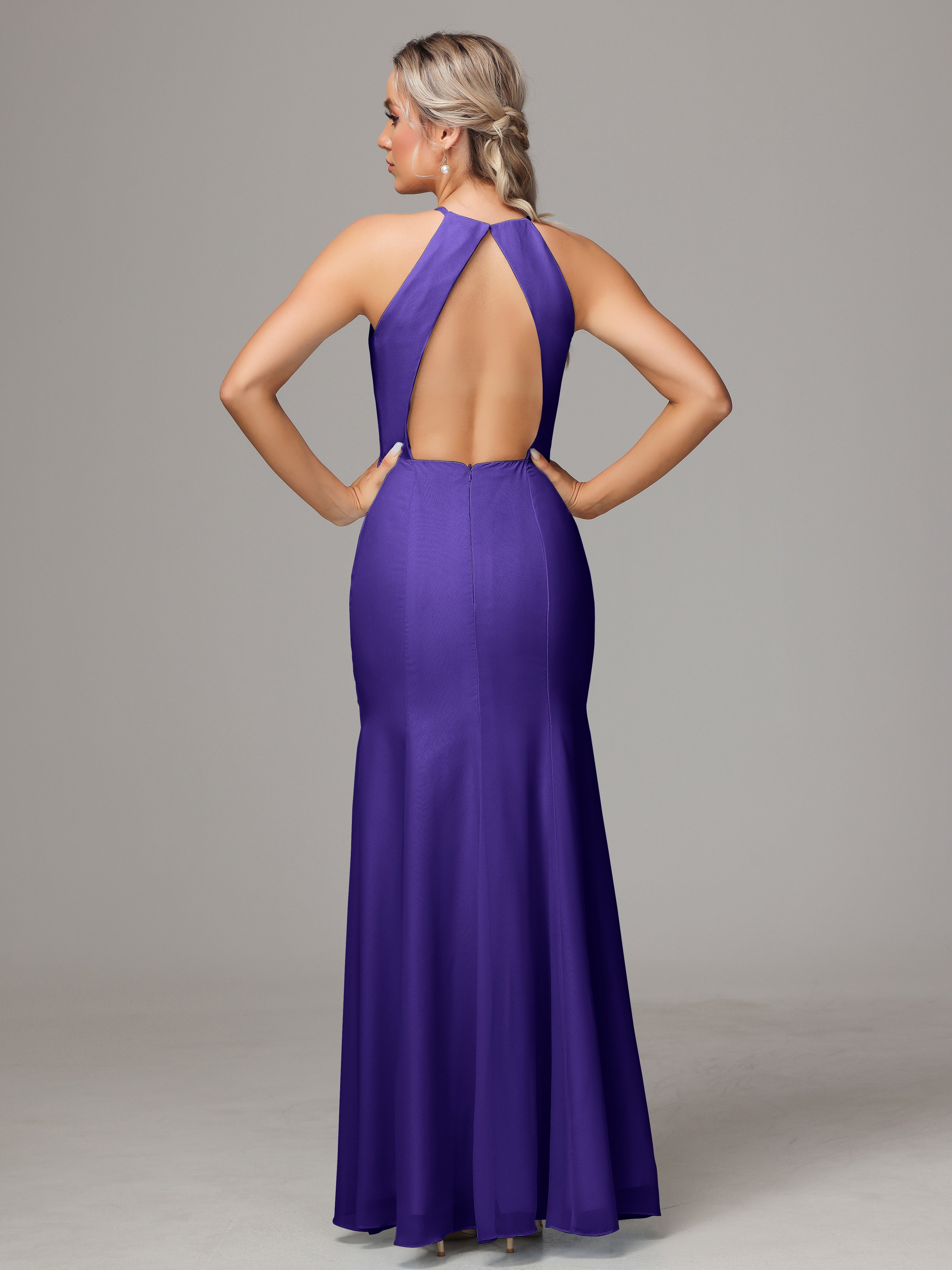 Halter Open Back Chiffon Bridesmaid Dress With Slit