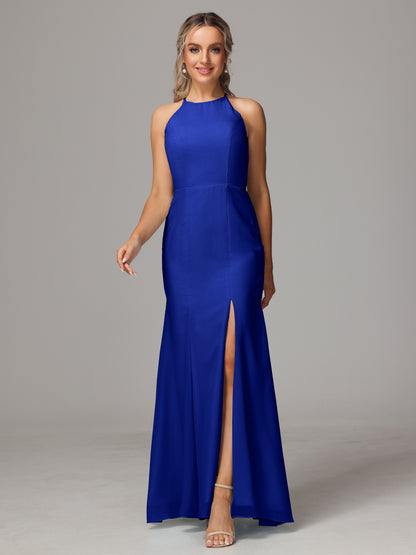 Halter Open Back Chiffon Bridesmaid Dress With Slit